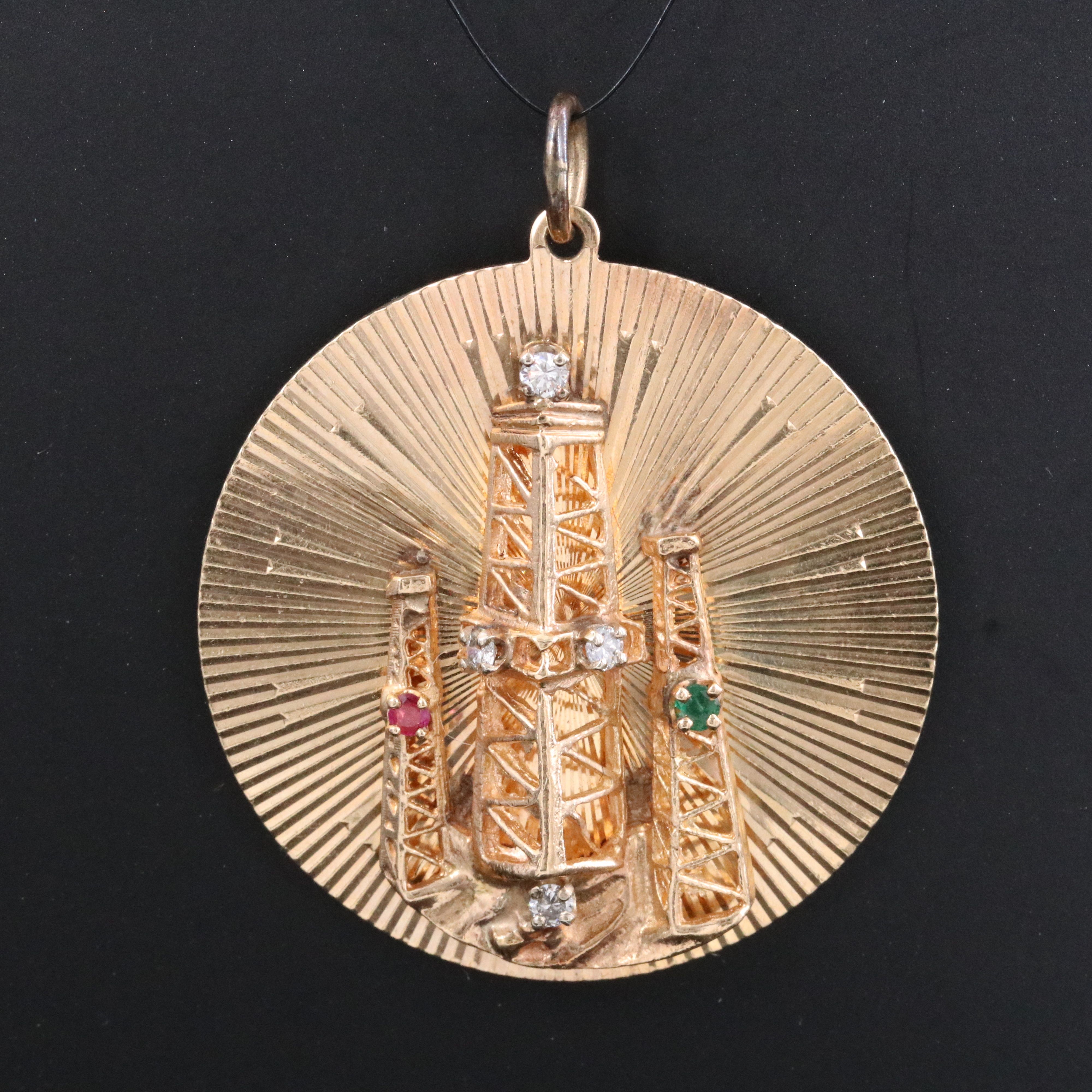 14K Diamond, Emerald and Ruby Oil Derrick Pendant