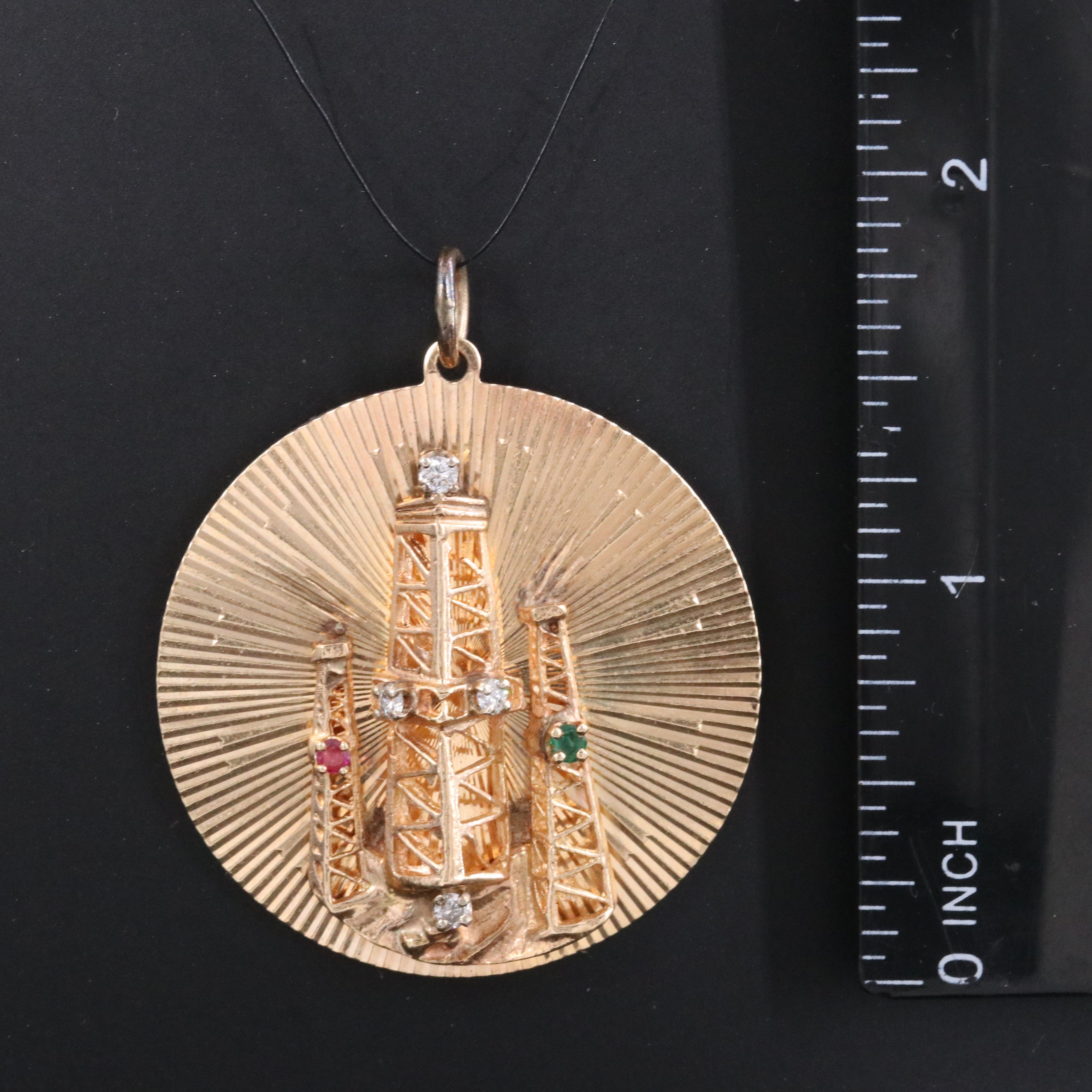 14K Diamond, Emerald and Ruby Oil Derrick Pendant
