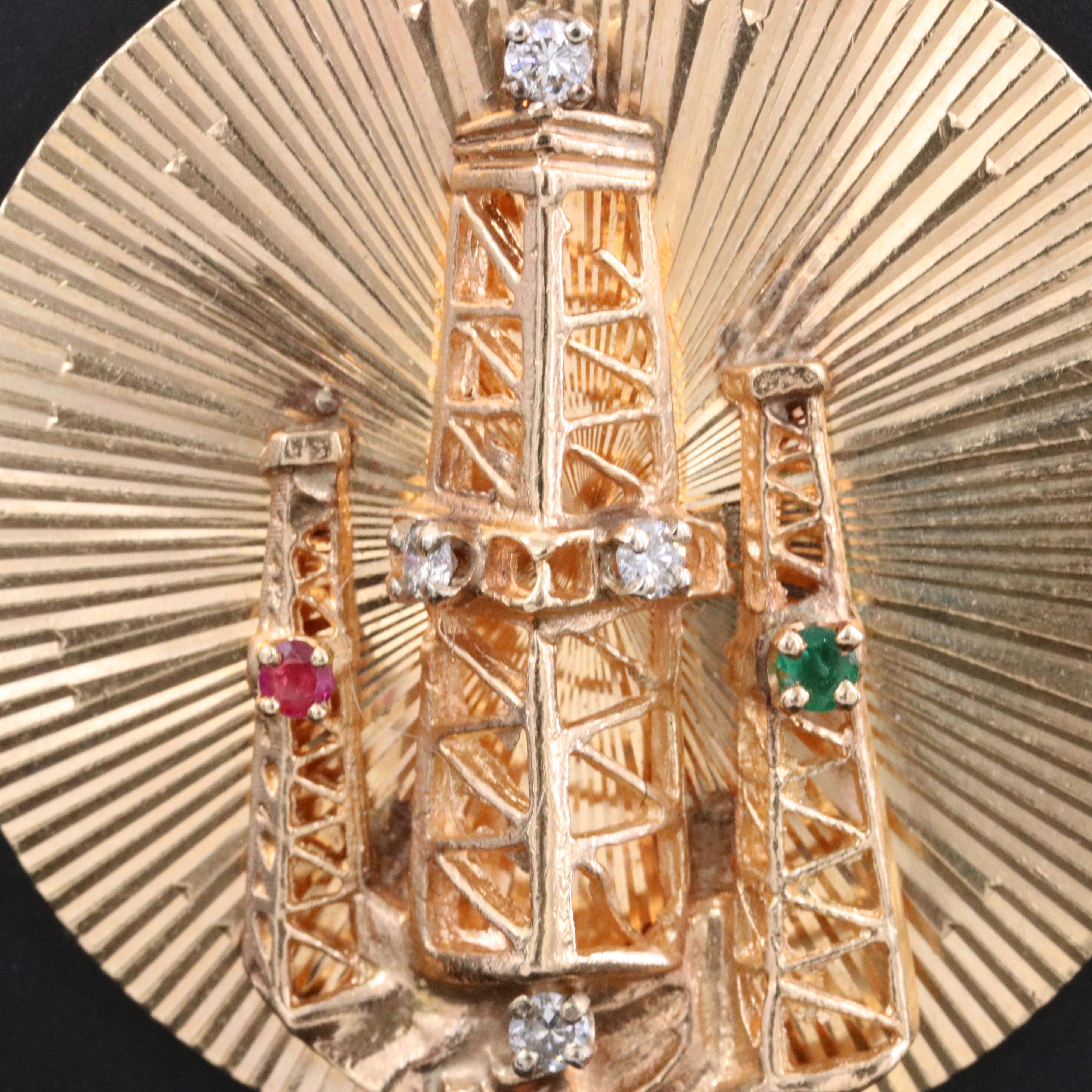 14K Diamond, Emerald and Ruby Oil Derrick Pendant