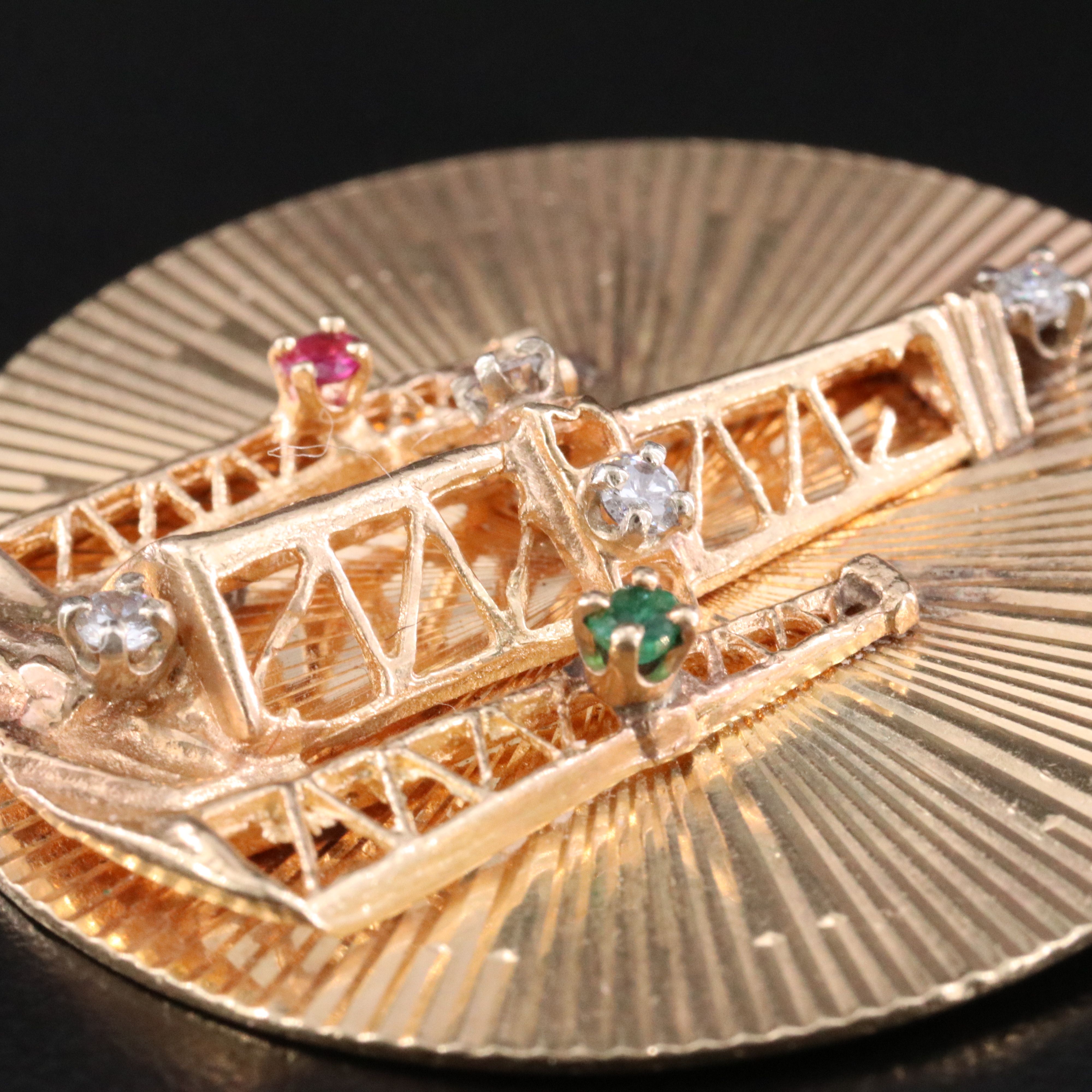 14K Diamond, Emerald and Ruby Oil Derrick Pendant