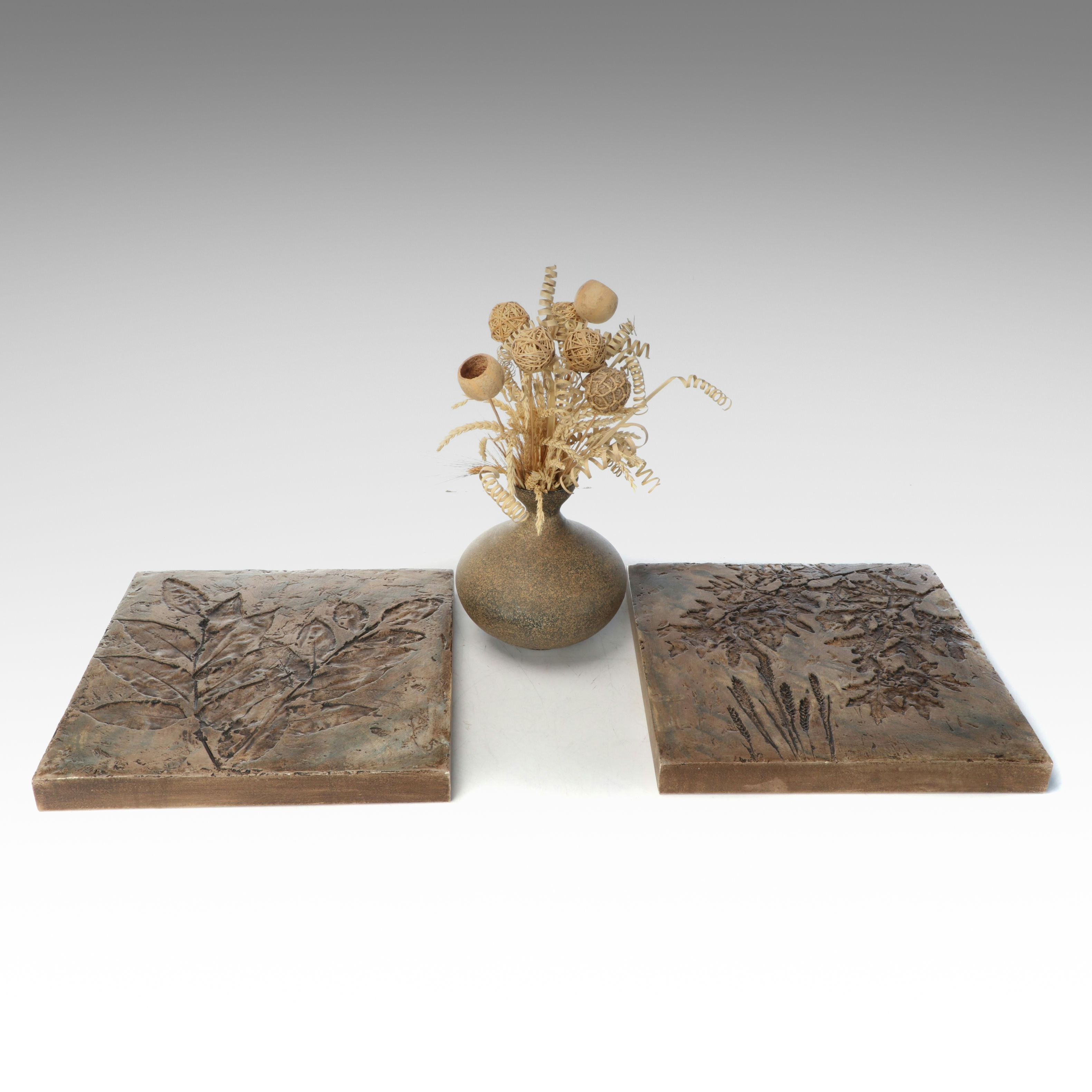 Composite Leaf Imprint Wall Panels with Dried Plants in Ceramic Vase