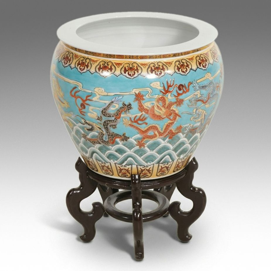 Chinese Ceramic Fishbowl Planter with Carved Wood Stand