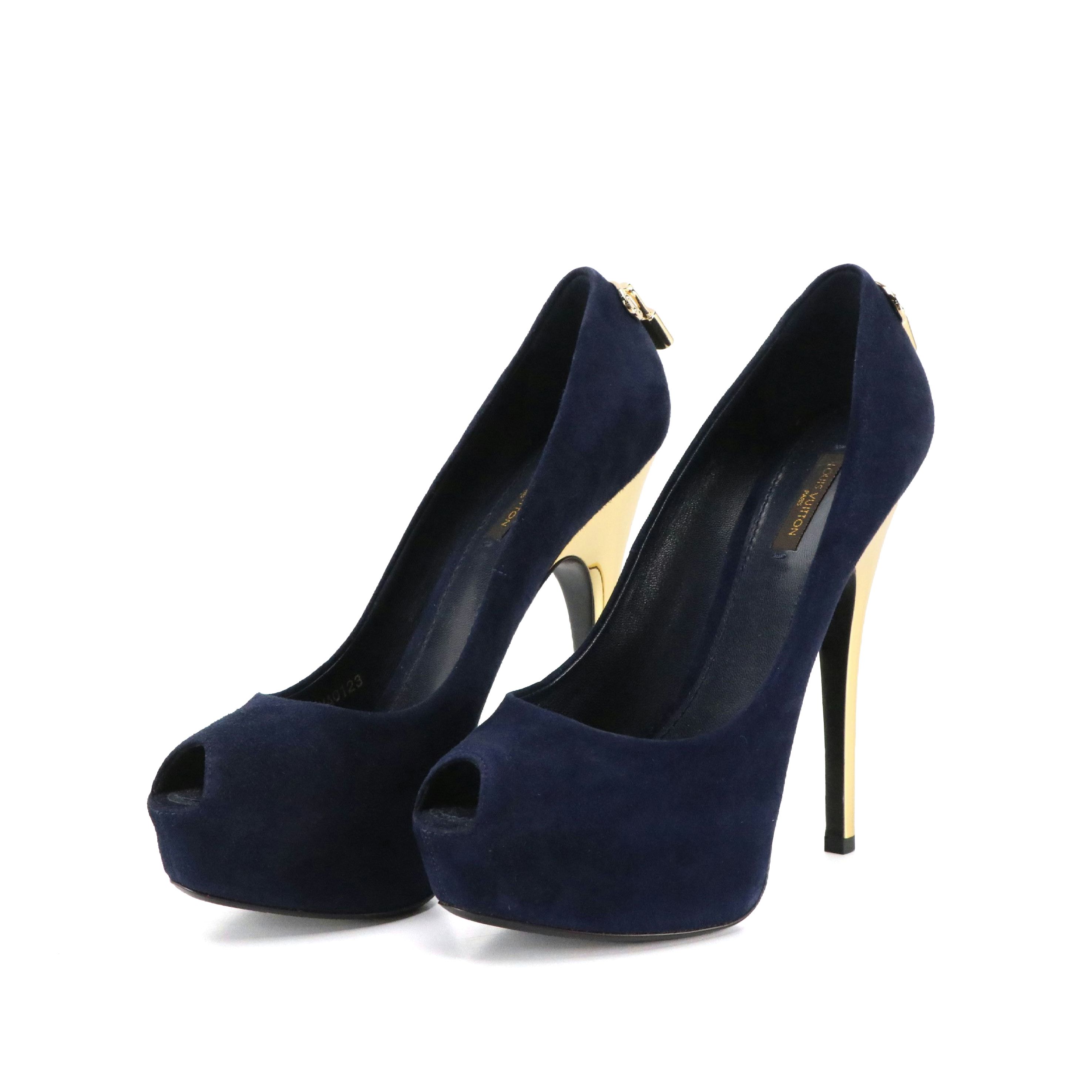 Louis Vuitton Oh Really! Platform Peep Toe Pumps in Navy Blue Suede