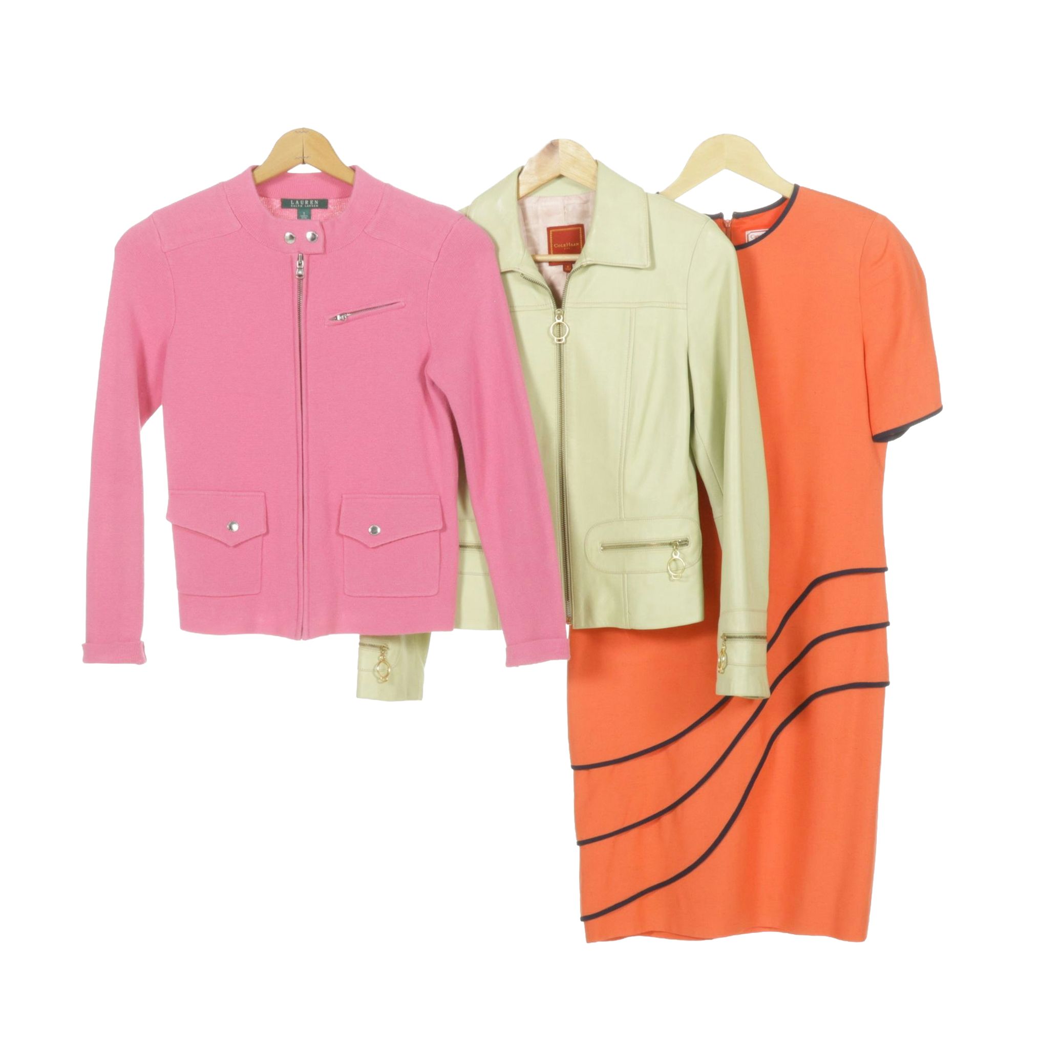 Carolina Herrera Studio Coral Dress, Cole Haan Pistachio Lambskin Jacket & More