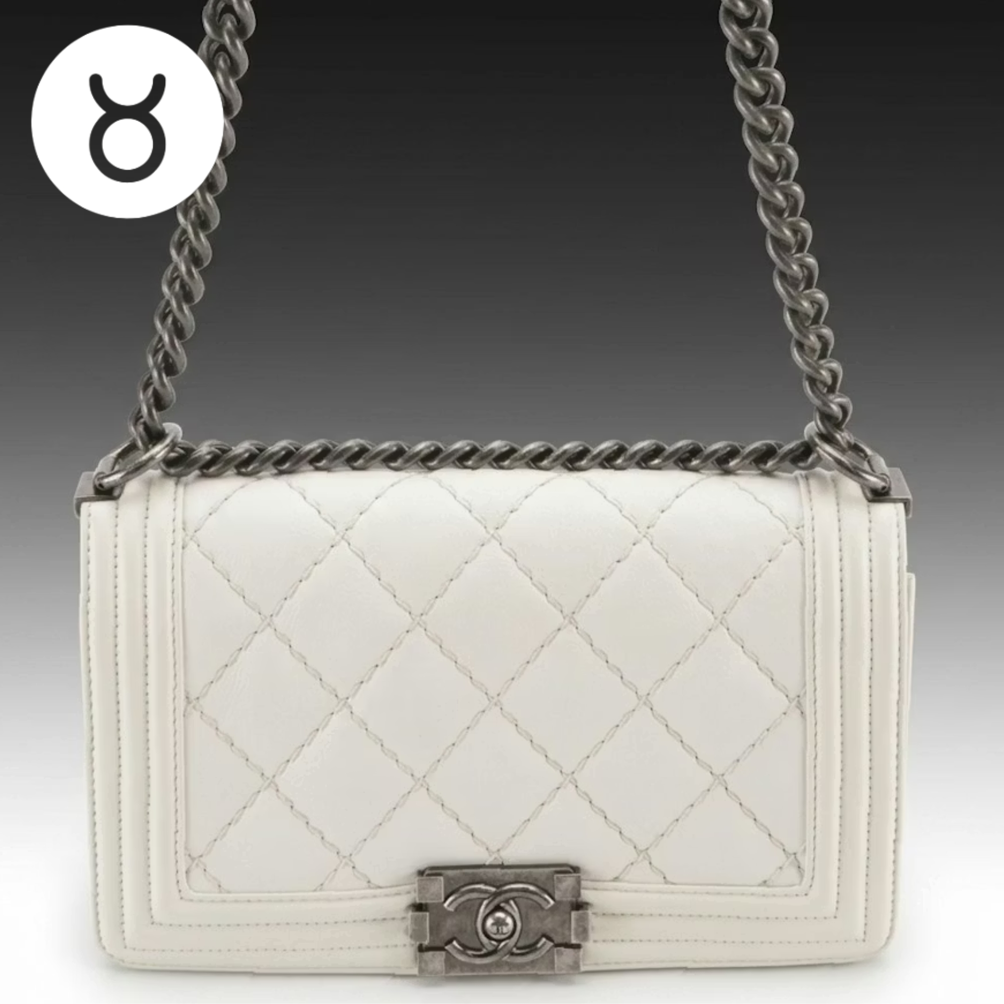 TAURUS: Chanel Boy Flap Bag in White Matelassé Grained Leather