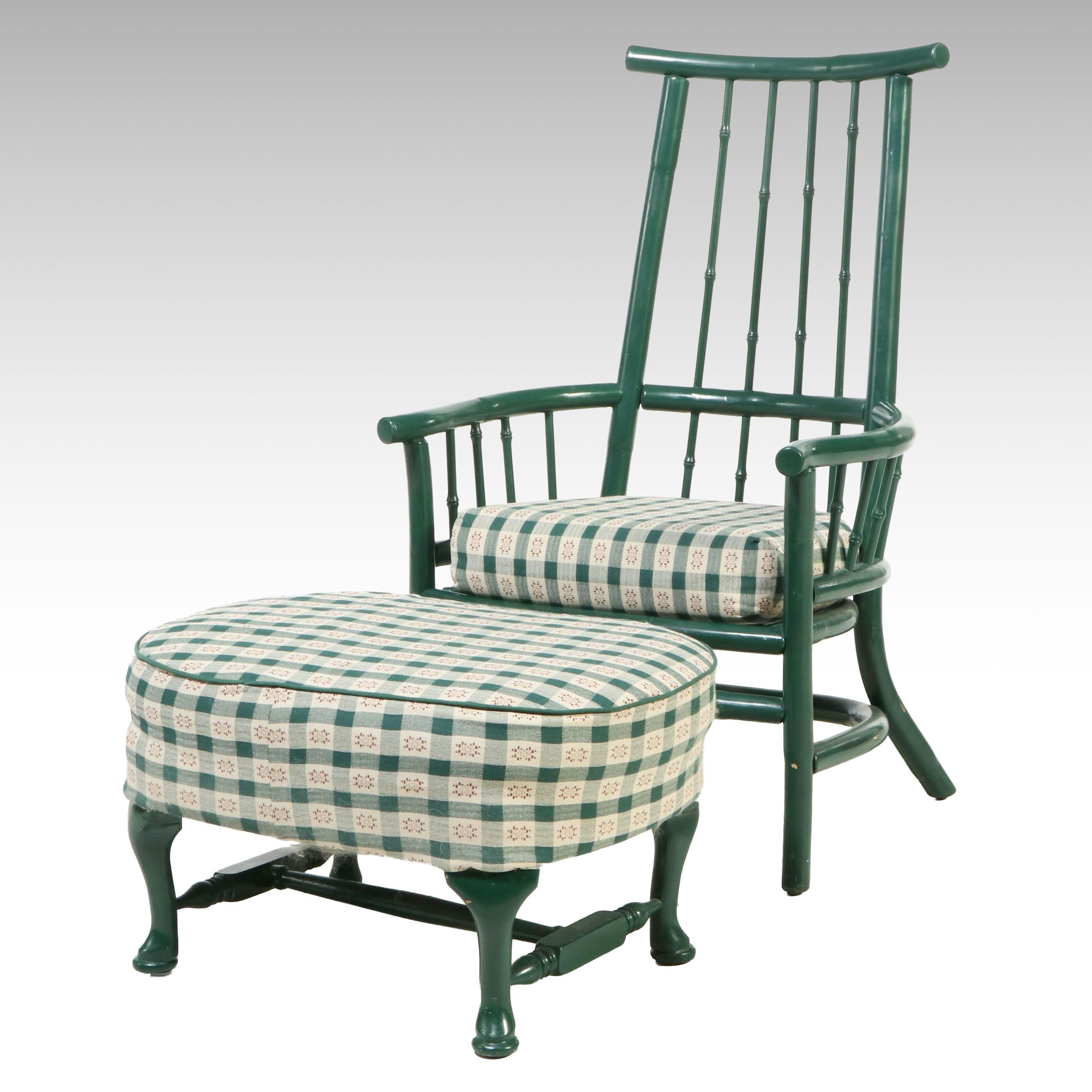 Green-Painted Bamboo-Turned Armchair with Ottoman