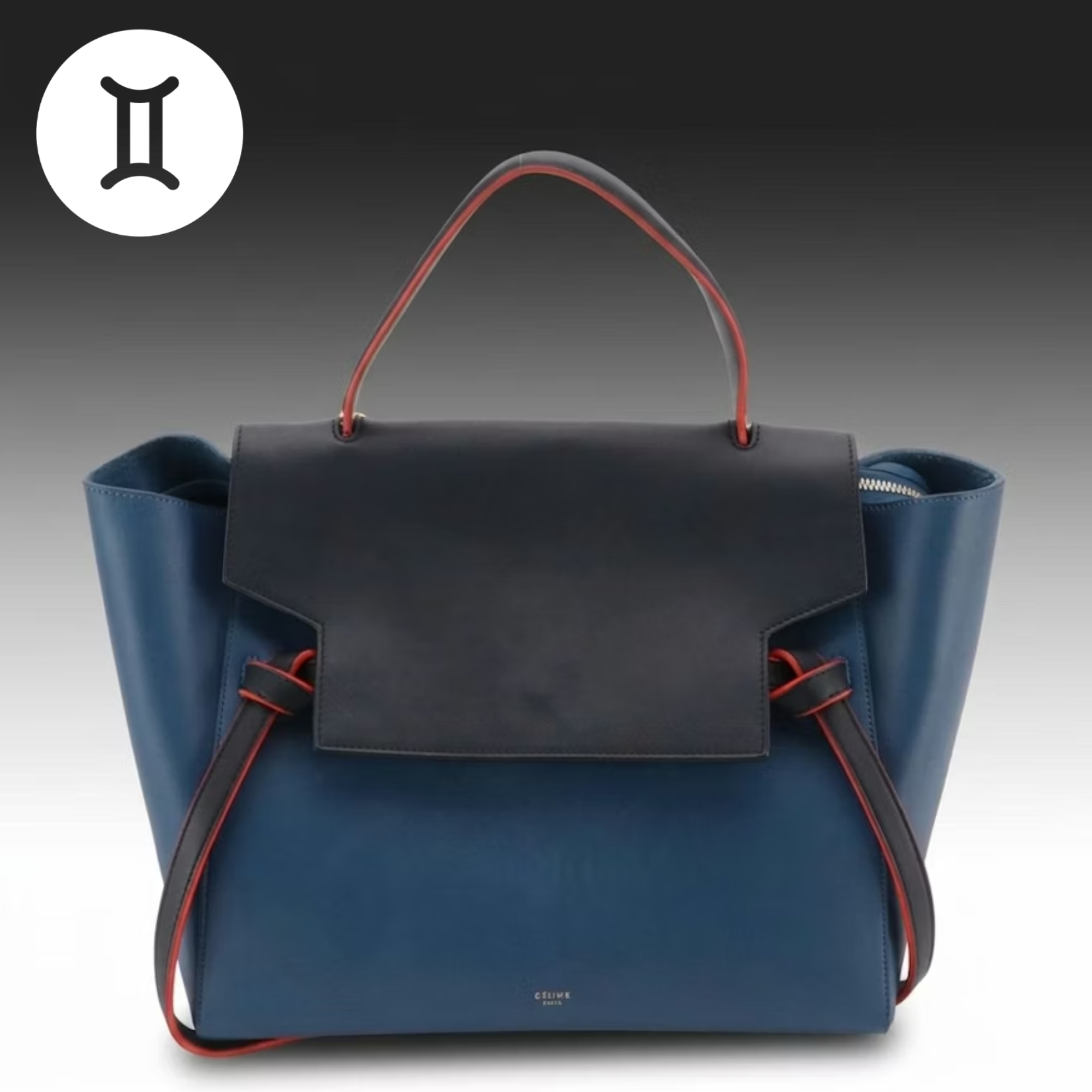 GEMINI: Céline Belt Two-Way Bag in Navy & Marine Blue Leather with Red Trim