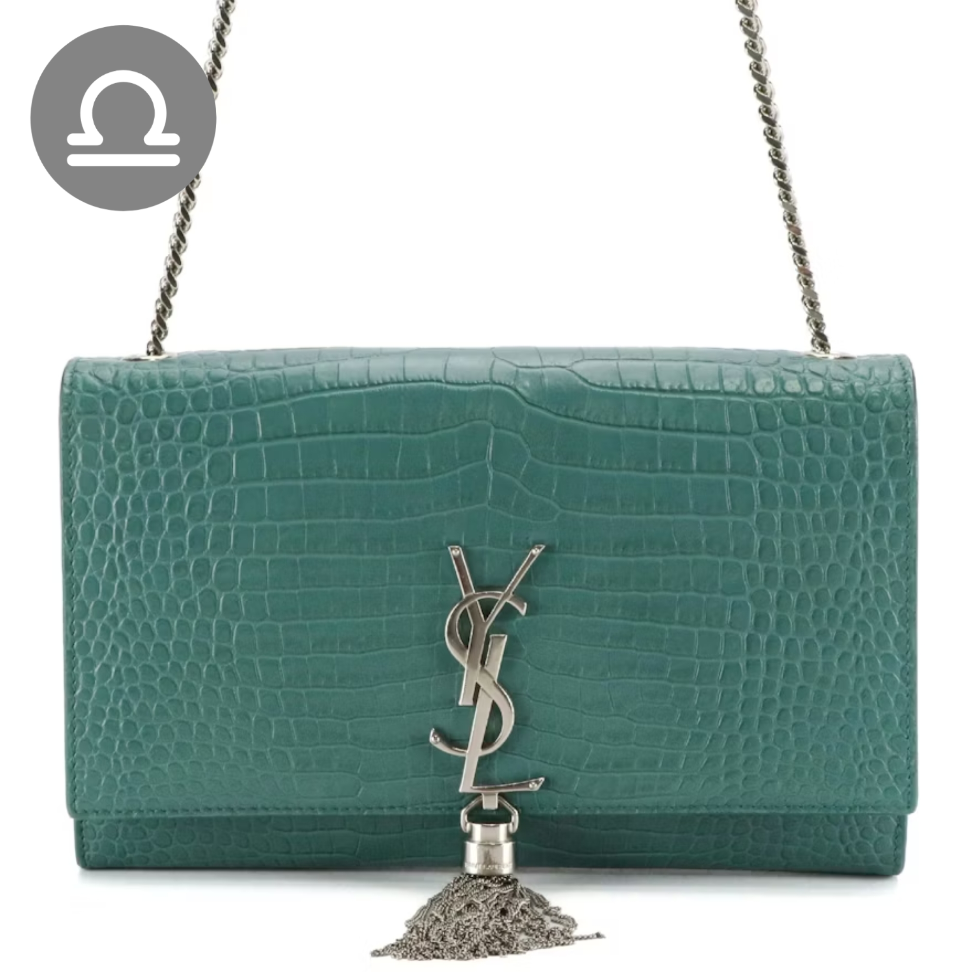 LIBRA: Saint Laurent Medium Kate Tassel Crossbody in Teal Croc Embossed Leather