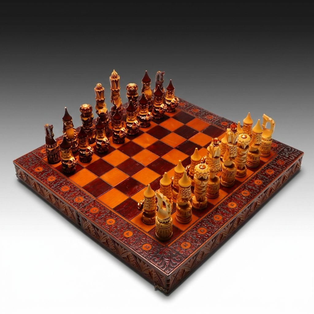 Russian Folk Art Hand-Carved Wood Chessboard and Chessmen