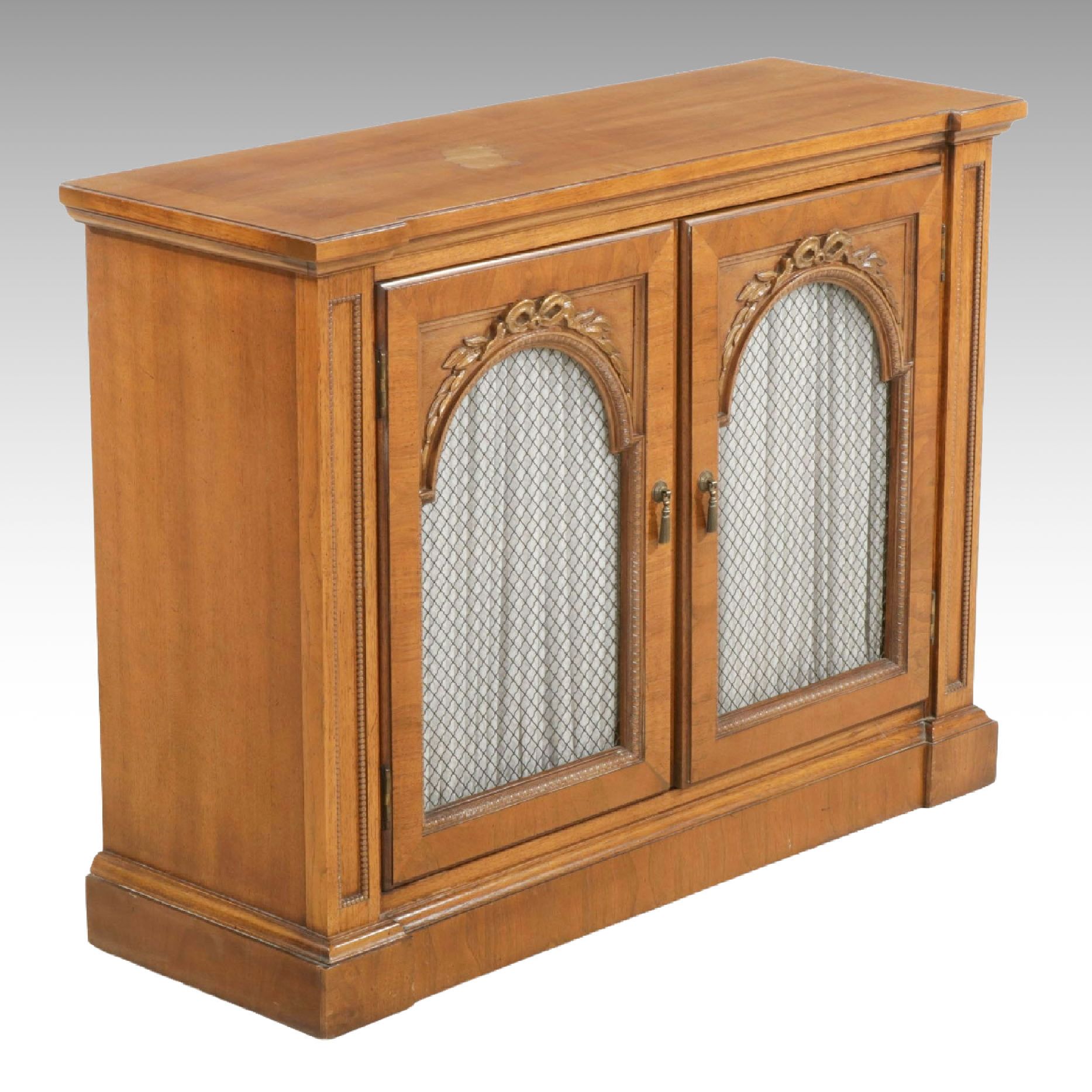 Neoclassical Mahogany Cabinet with Curtain Lined Doors