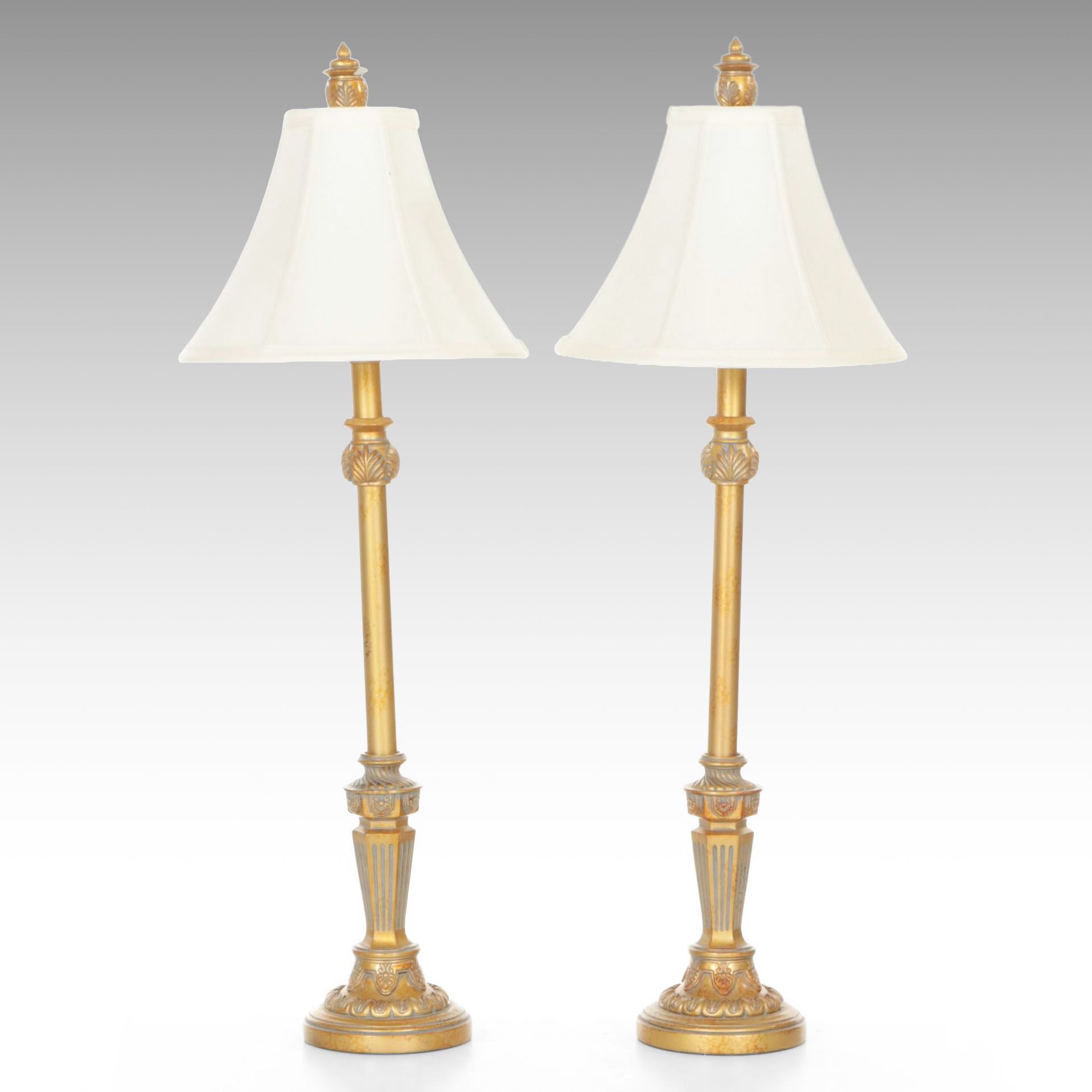Pair of Empire Style Gilt Finish Column Lamps with Silk Shades