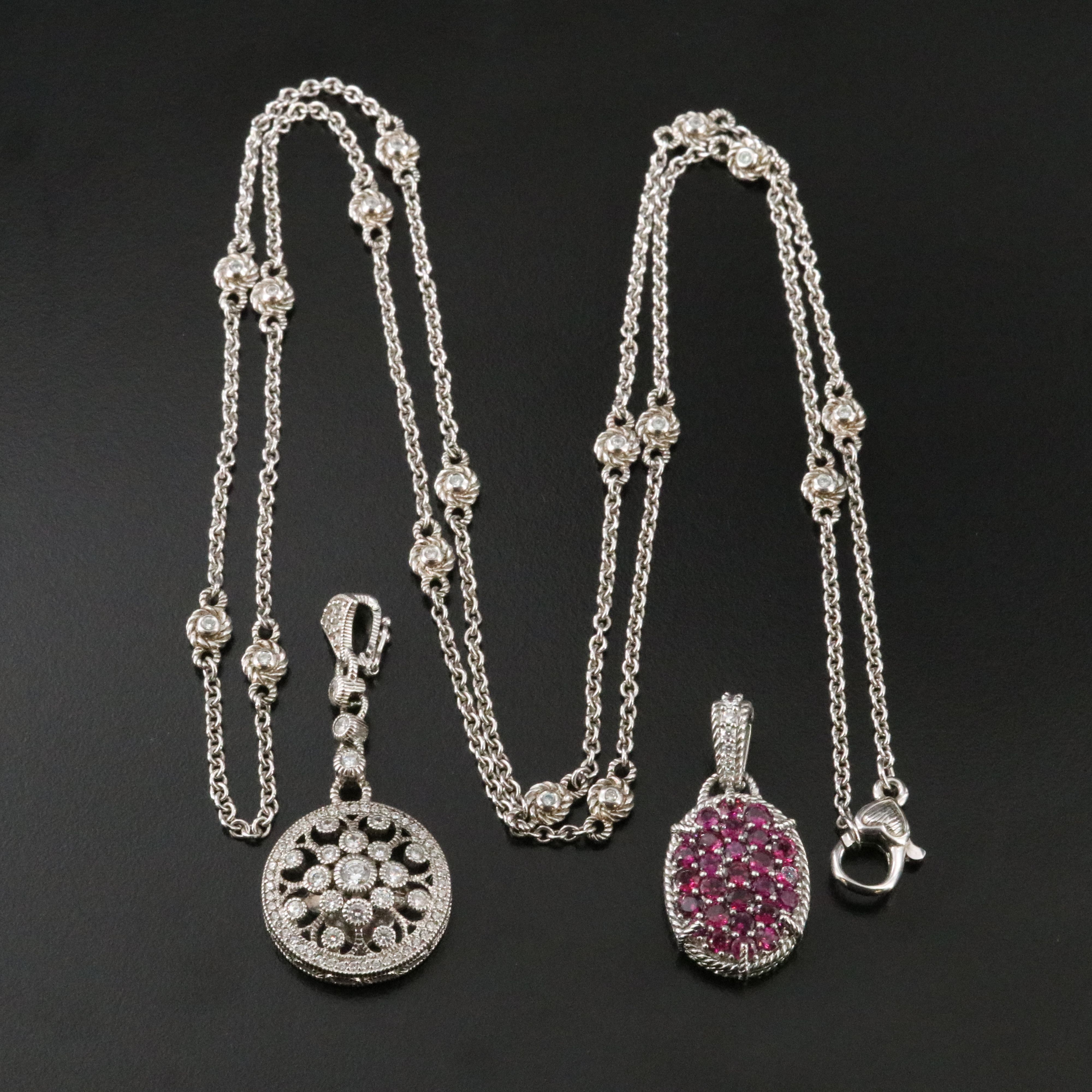 Judith Ripka Sterling Garnet and CZ Pendants and Station Chain
