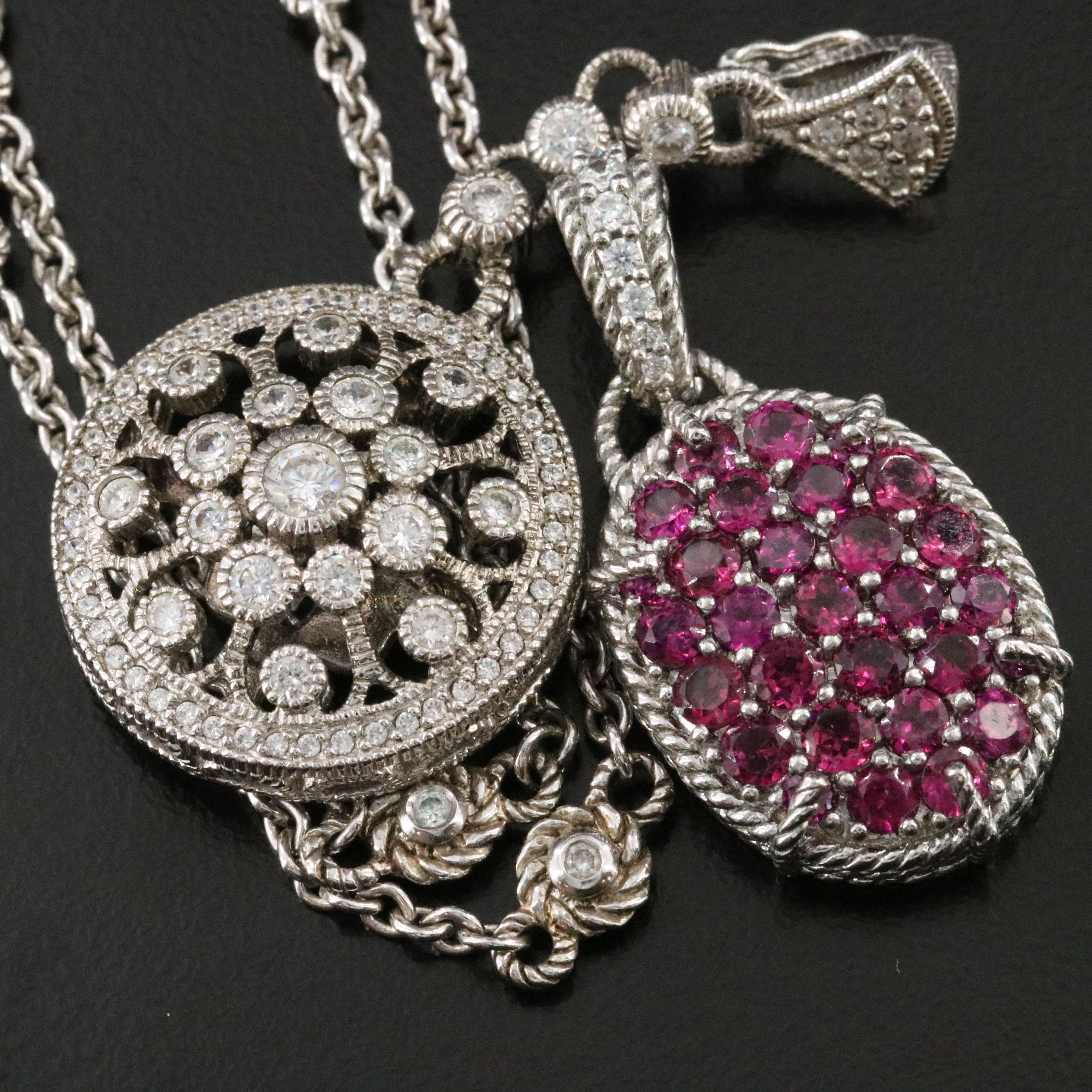 Judith Ripka Sterling Garnet and CZ Pendants and Station Chain
