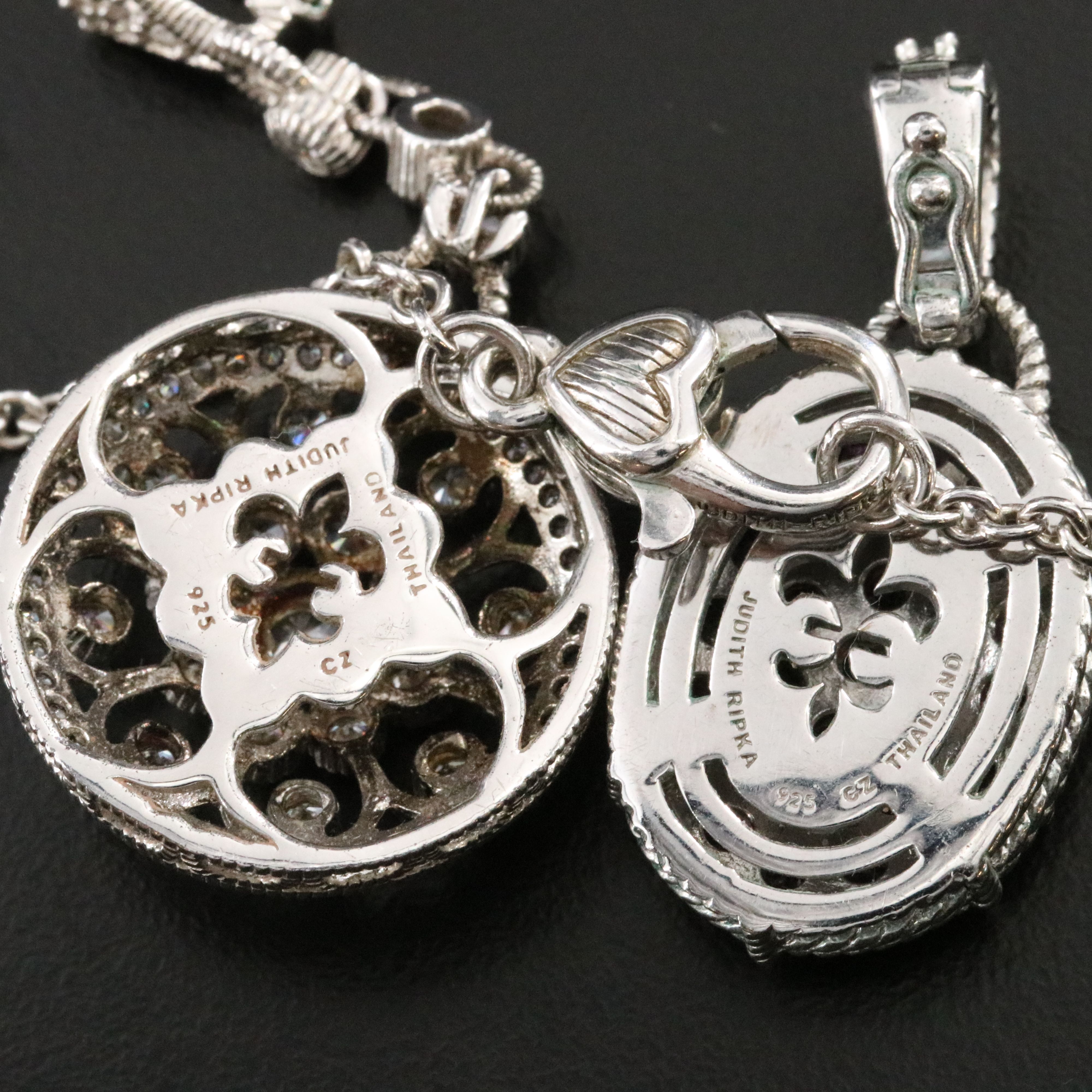 Judith Ripka Sterling Garnet and CZ Pendants and Station Chain