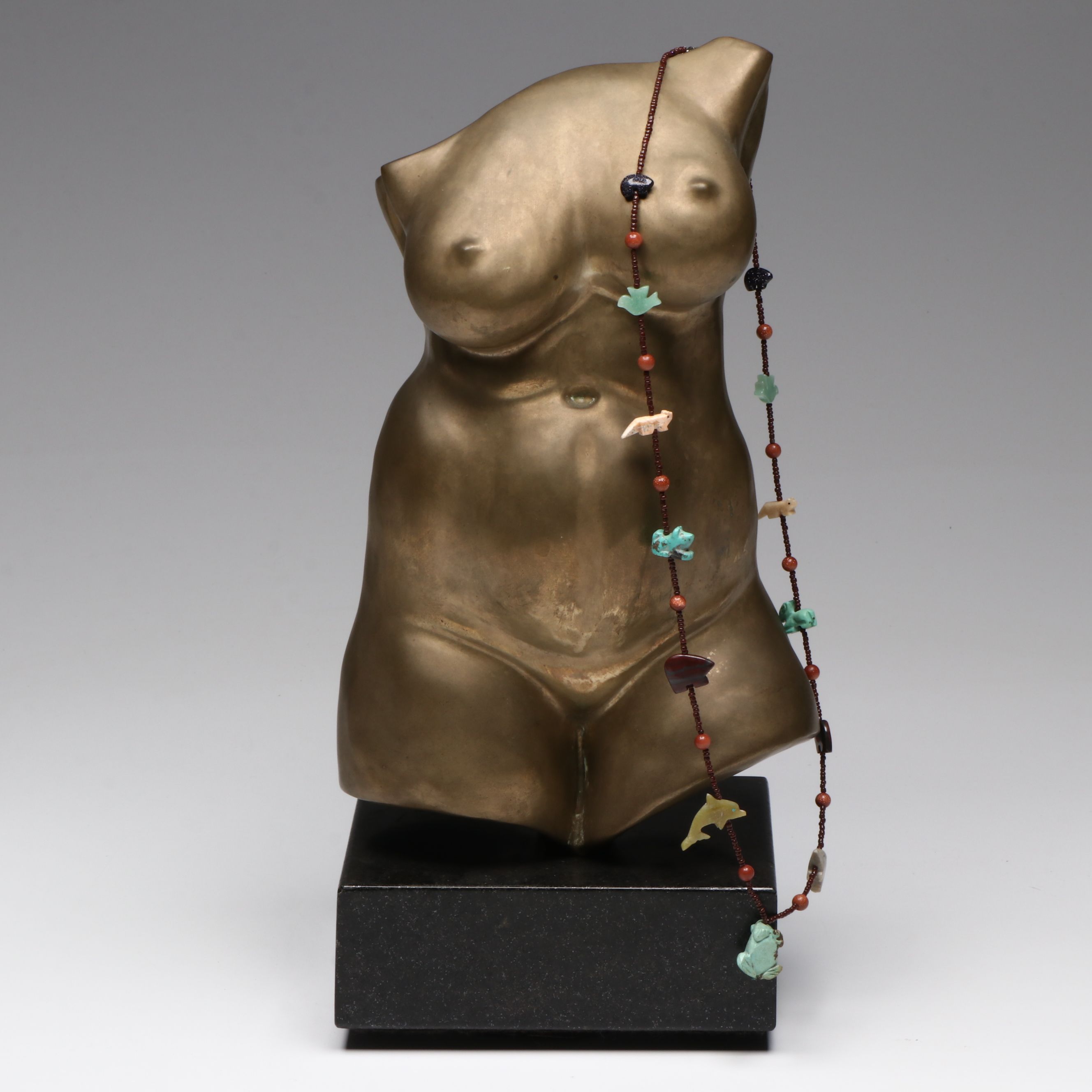 Gardner Locke Brass Nude Torso, 1979 with Carved Soapstone Necklace