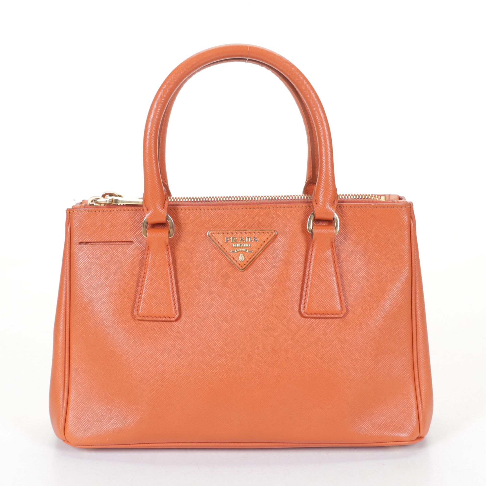 Prada Small Galleria Double-Zip Two-Way Bag in Orange Saffiano Leather