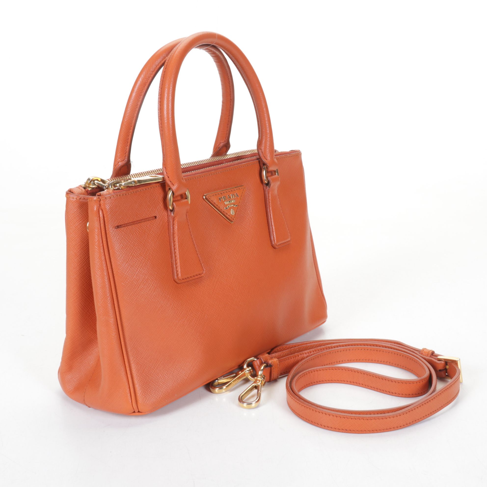 Prada Small Galleria Double-Zip Two-Way Bag in Orange Saffiano Leather