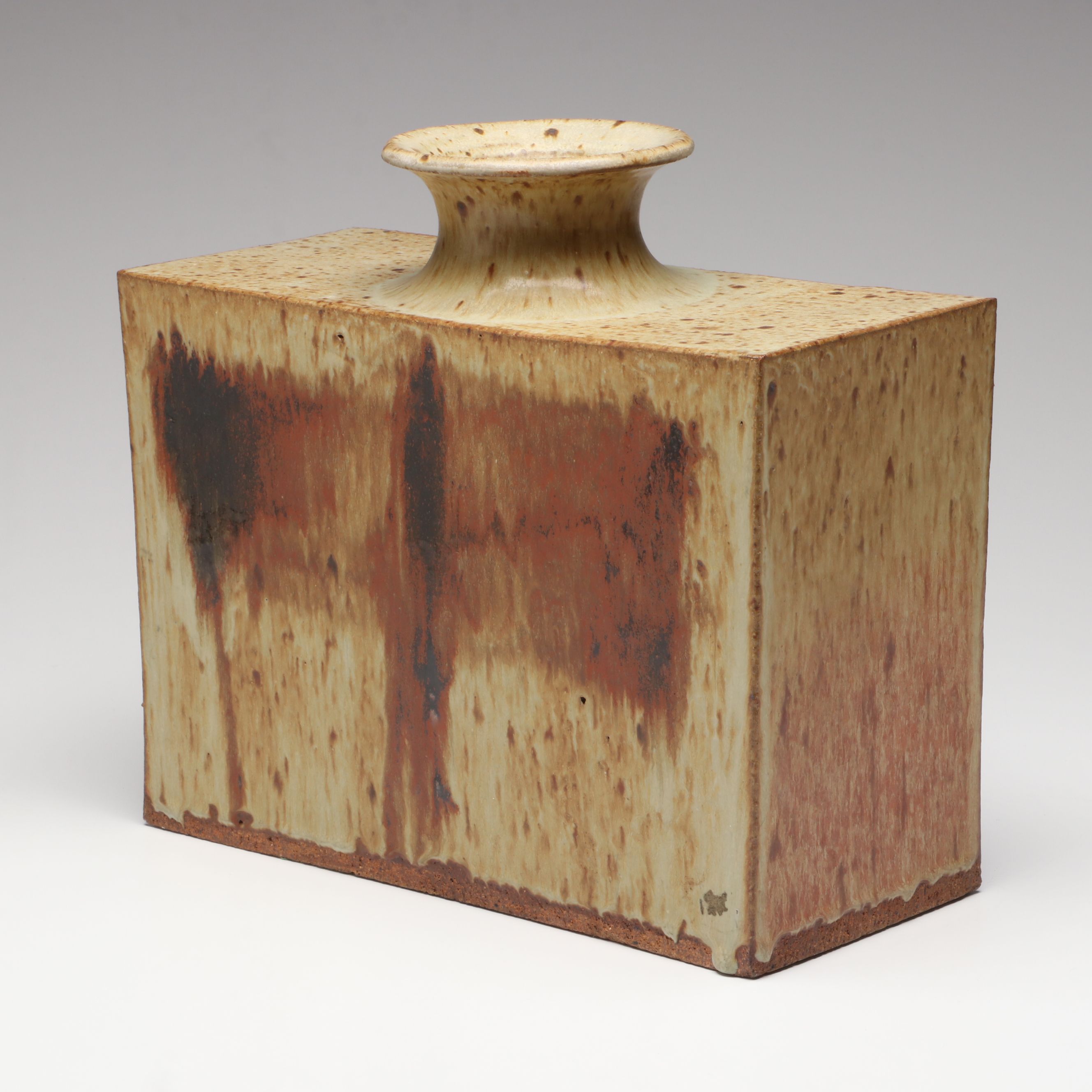 Rustic Studio Pottery Salt Glazed Stoneware Rectangular Vase, 20th to 21st C.