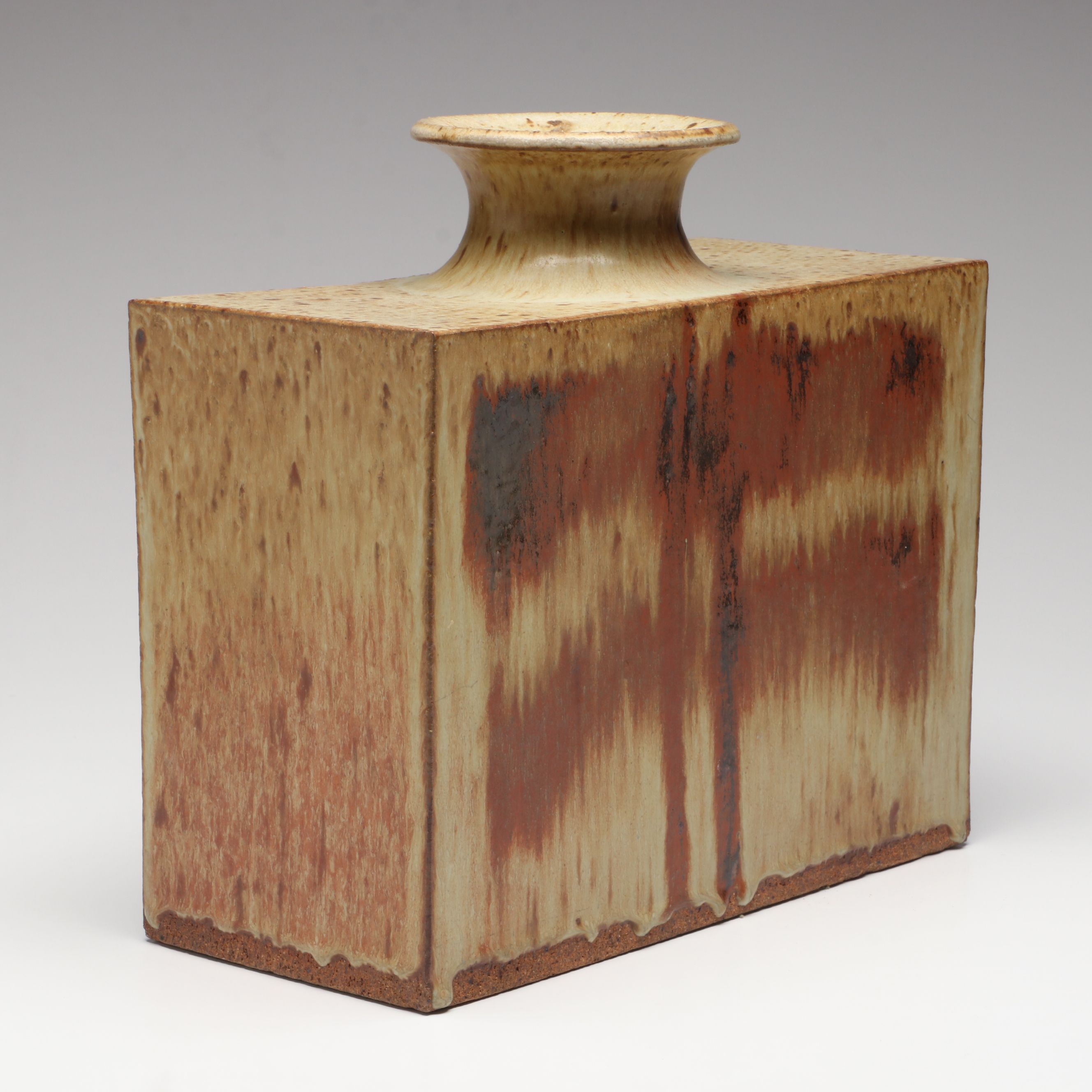 Rustic Studio Pottery Salt Glazed Stoneware Rectangular Vase, 20th to 21st C.