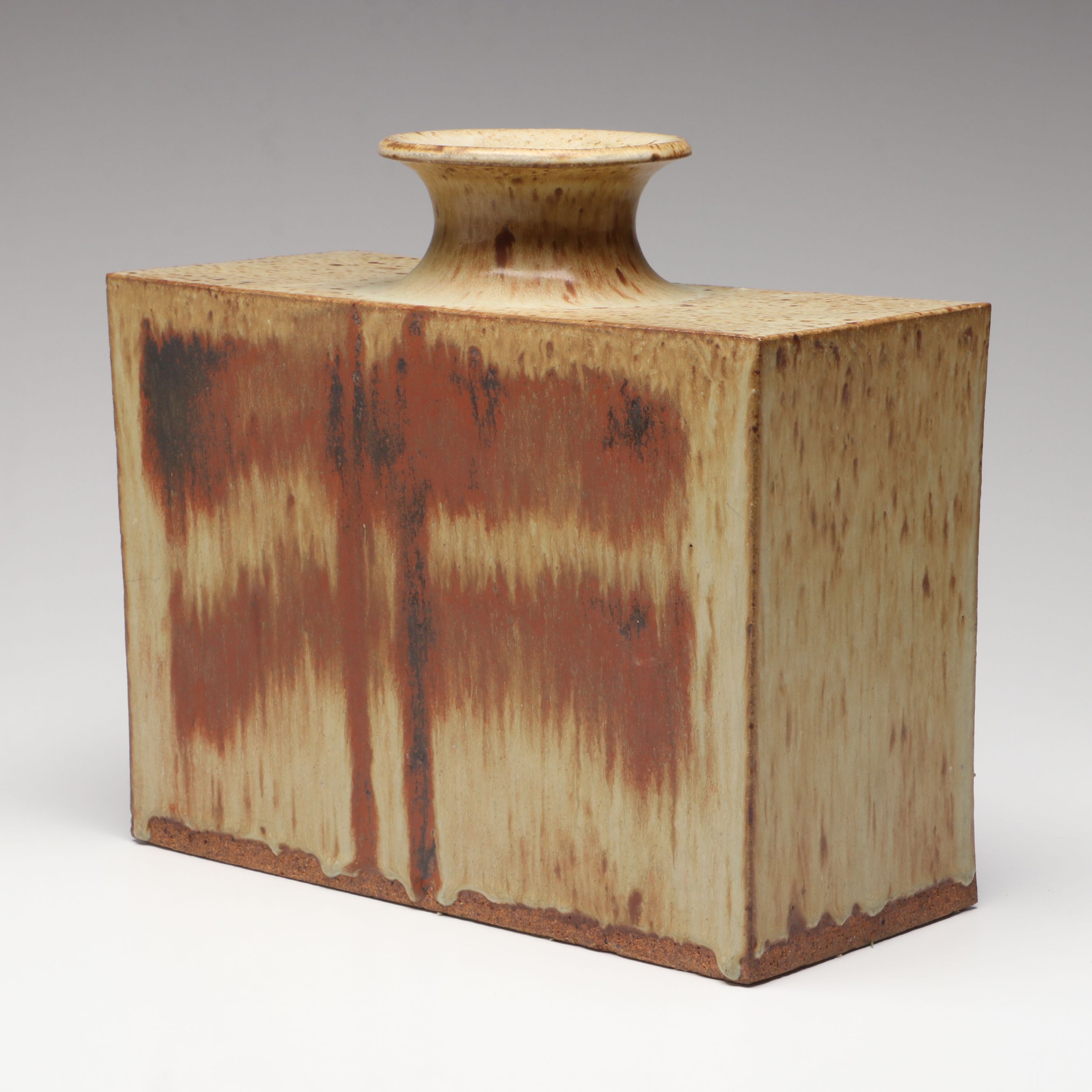 Rustic Studio Pottery Salt Glazed Stoneware Rectangular Vase, 20th to 21st C.