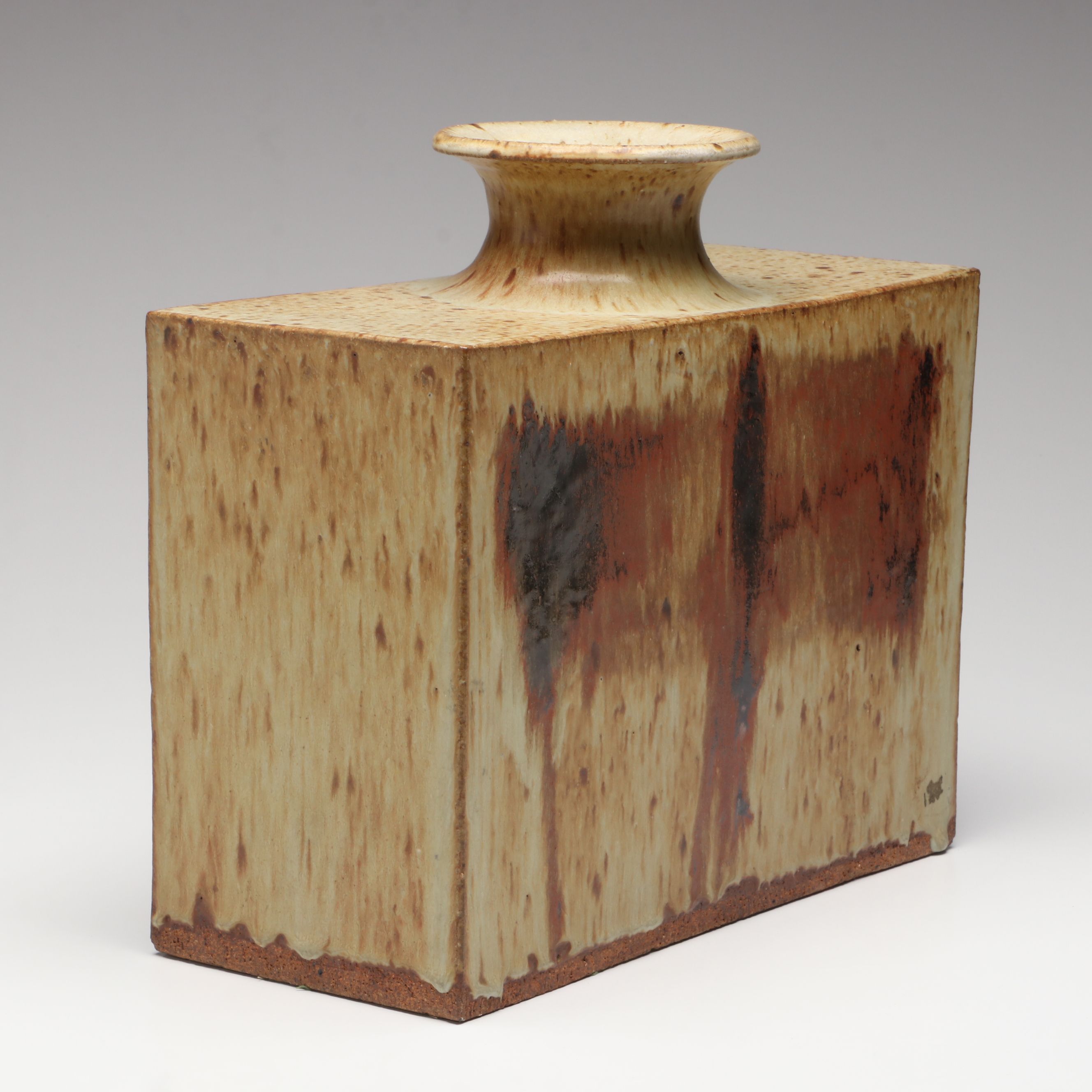 Rustic Studio Pottery Salt Glazed Stoneware Rectangular Vase, 20th to 21st C.