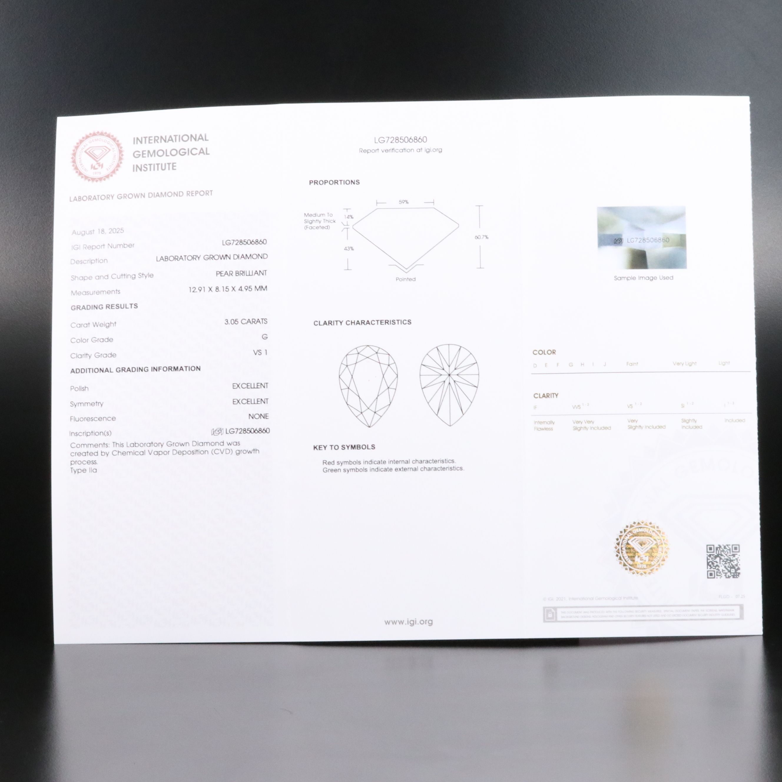 Loose 3.05 CT Lab Grown Diamond with IGI Report