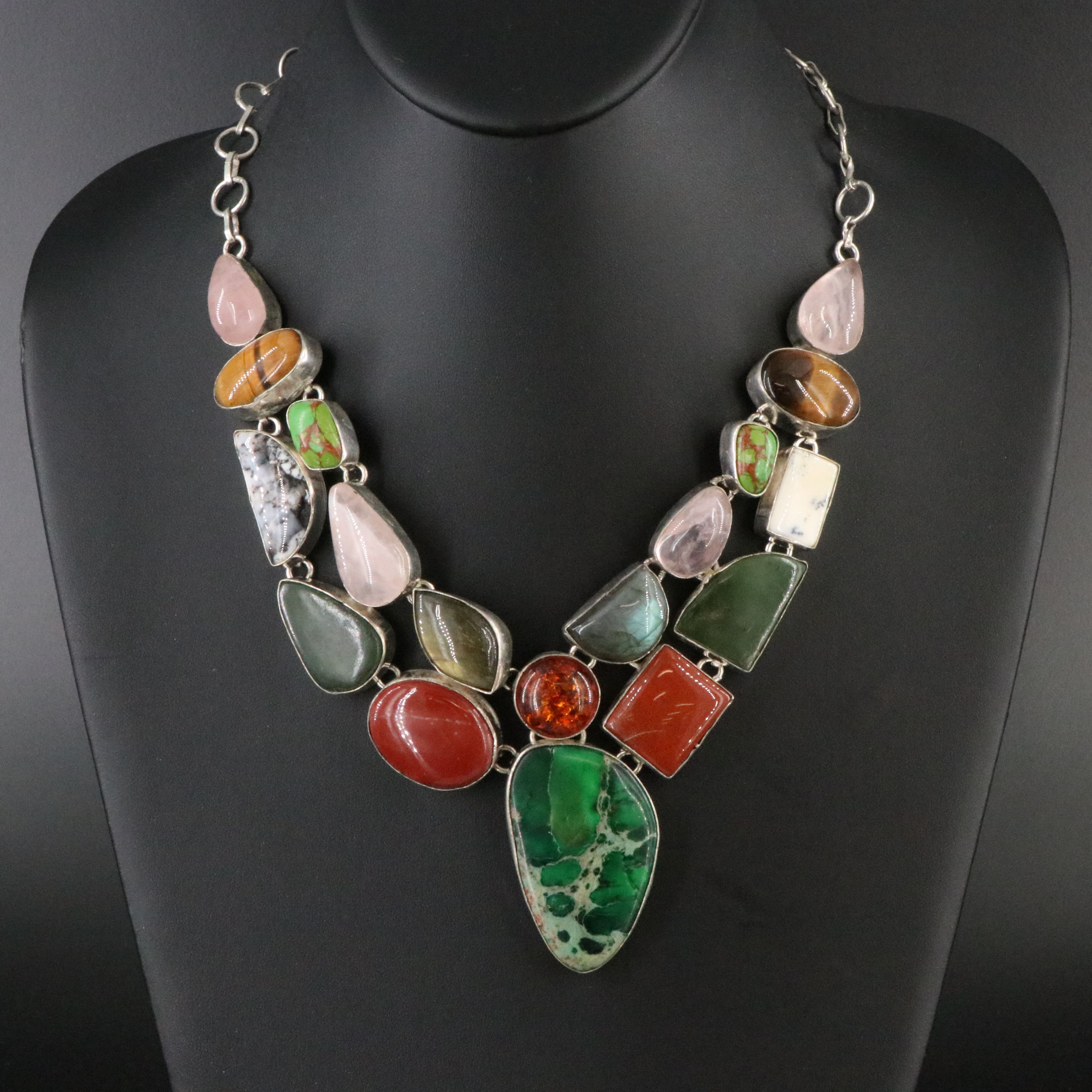 Gemstone Necklace Featuring Amber, Labradorite, and Tiger's Eye