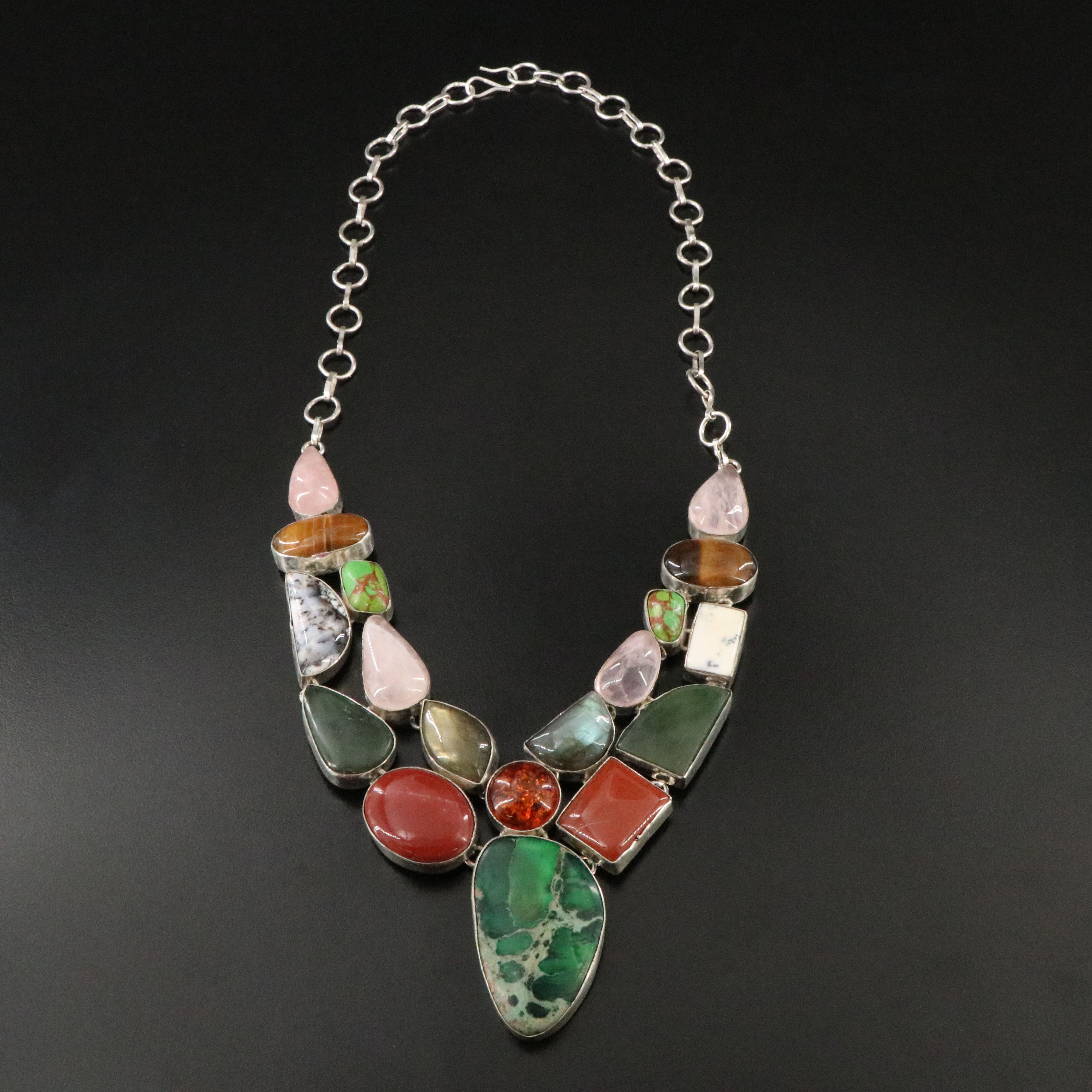 Gemstone Necklace Featuring Amber, Labradorite, and Tiger's Eye
