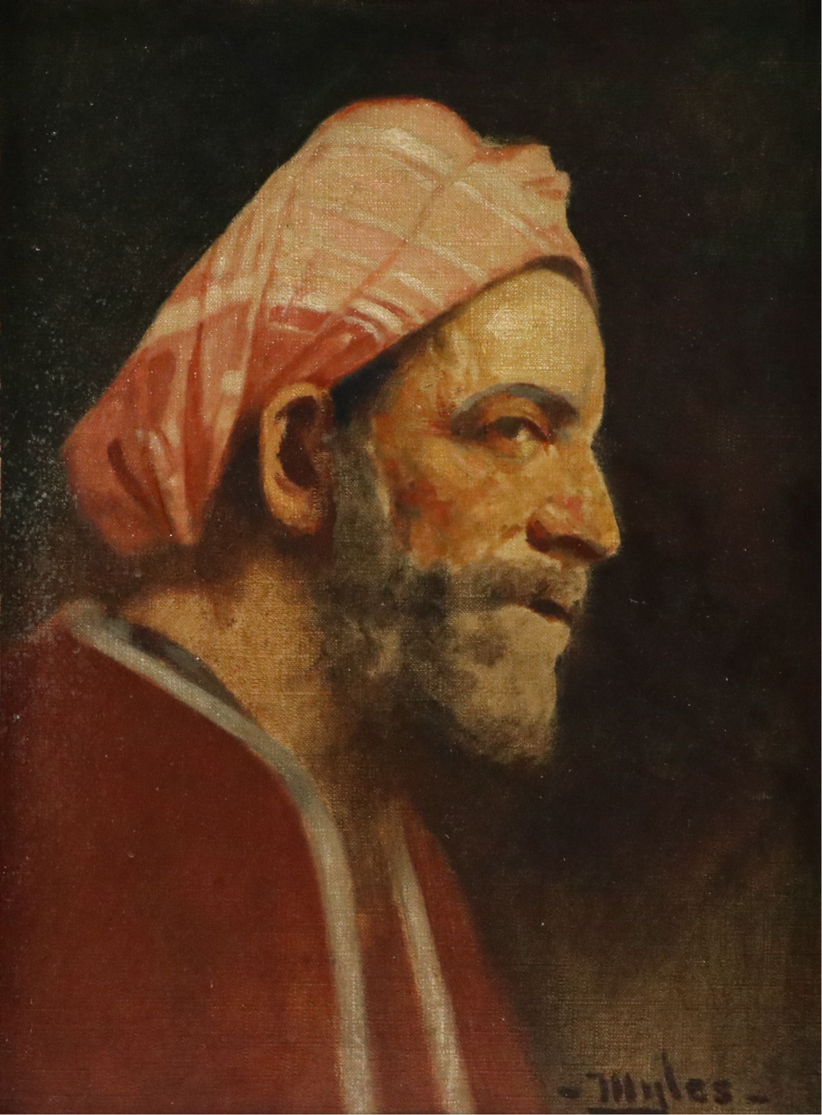 Oil Portrait of Man in Headscarf, Early to Mid-20th Century