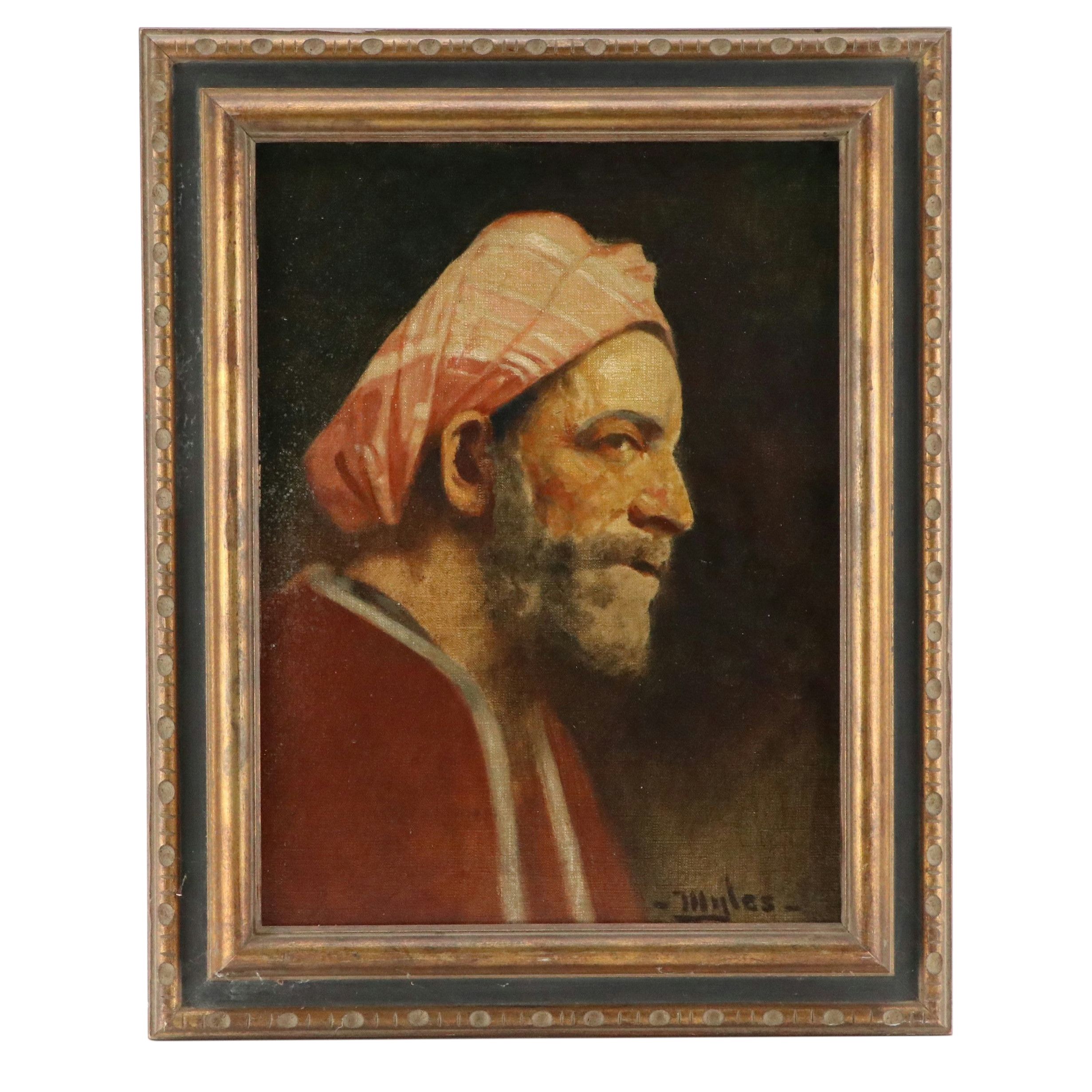 Oil Portrait of Man in Headscarf, Early to Mid-20th Century