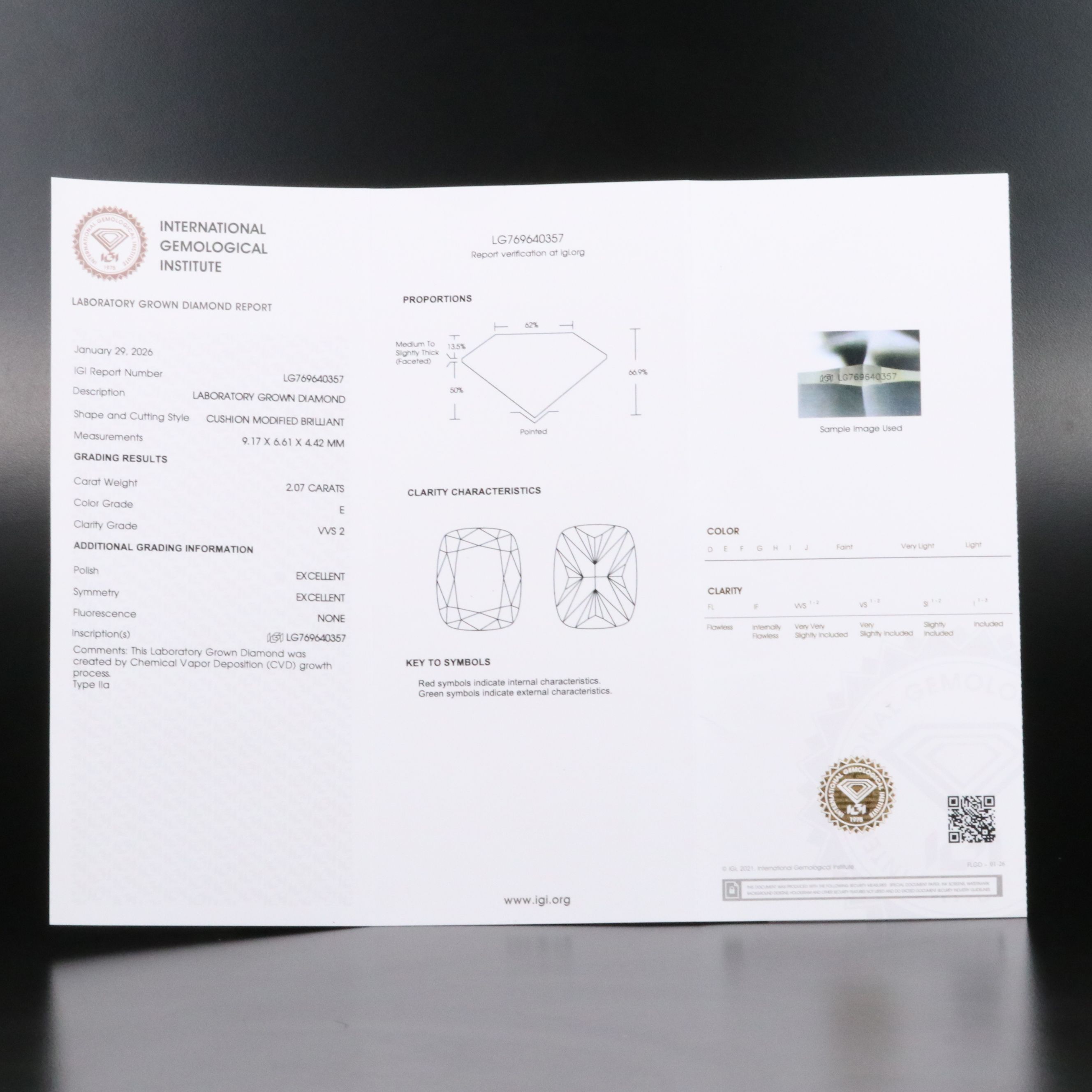 Loose 2.07 CT Lab Grown Diamond with IGI Report