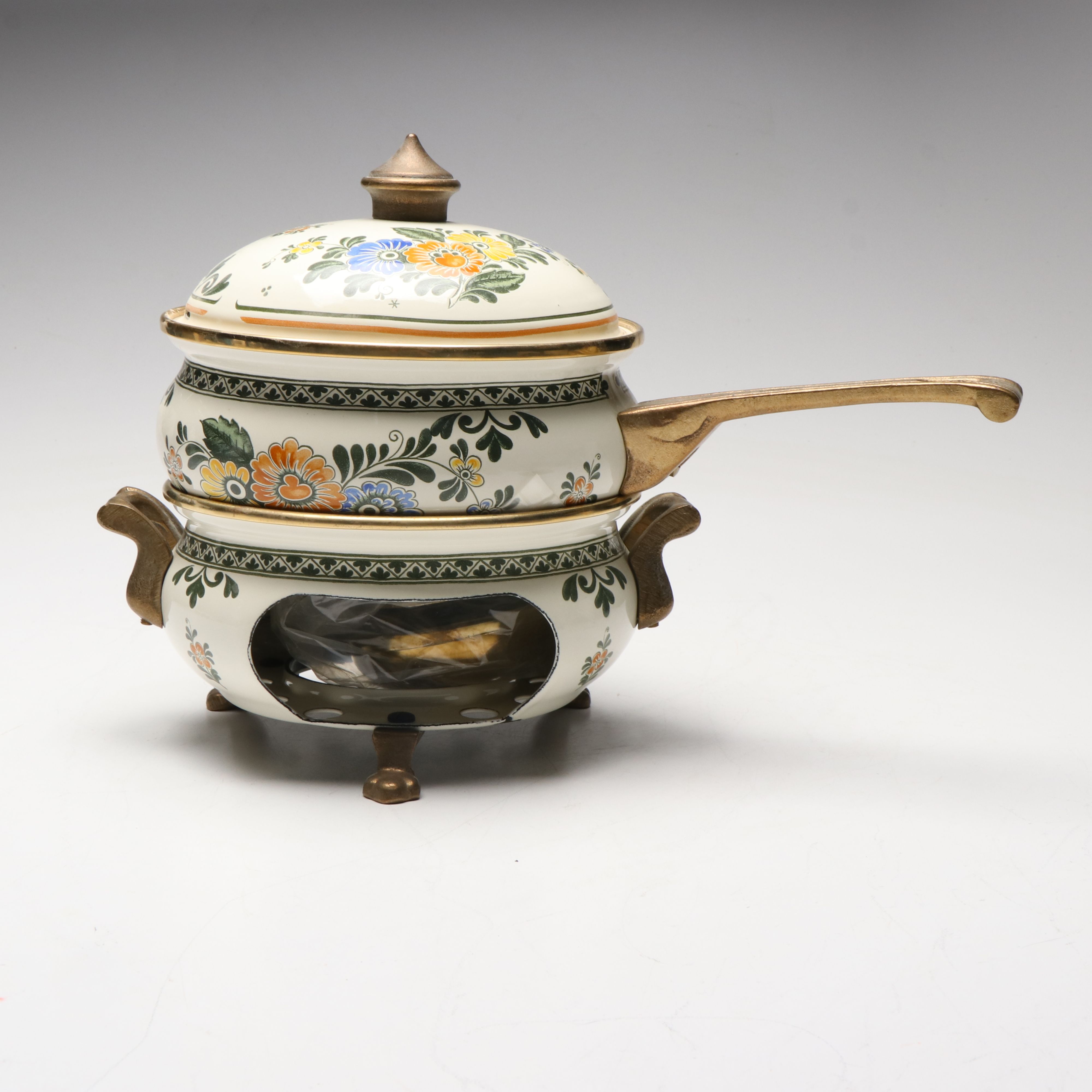 Asta German Floral Enamelware Fondue Pot and Burner, Late 20th Century