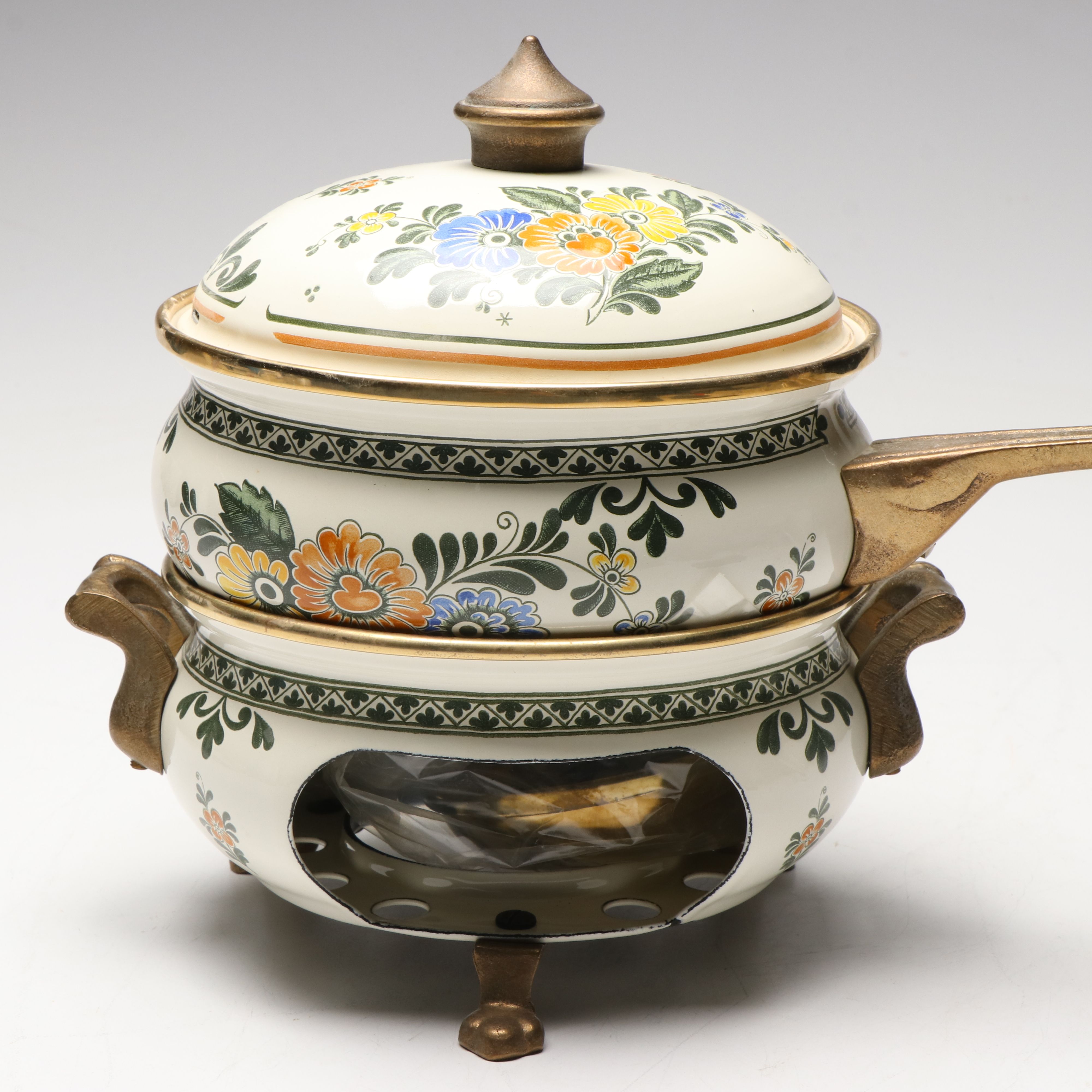 Asta German Floral Enamelware Fondue Pot and Burner, Late 20th Century