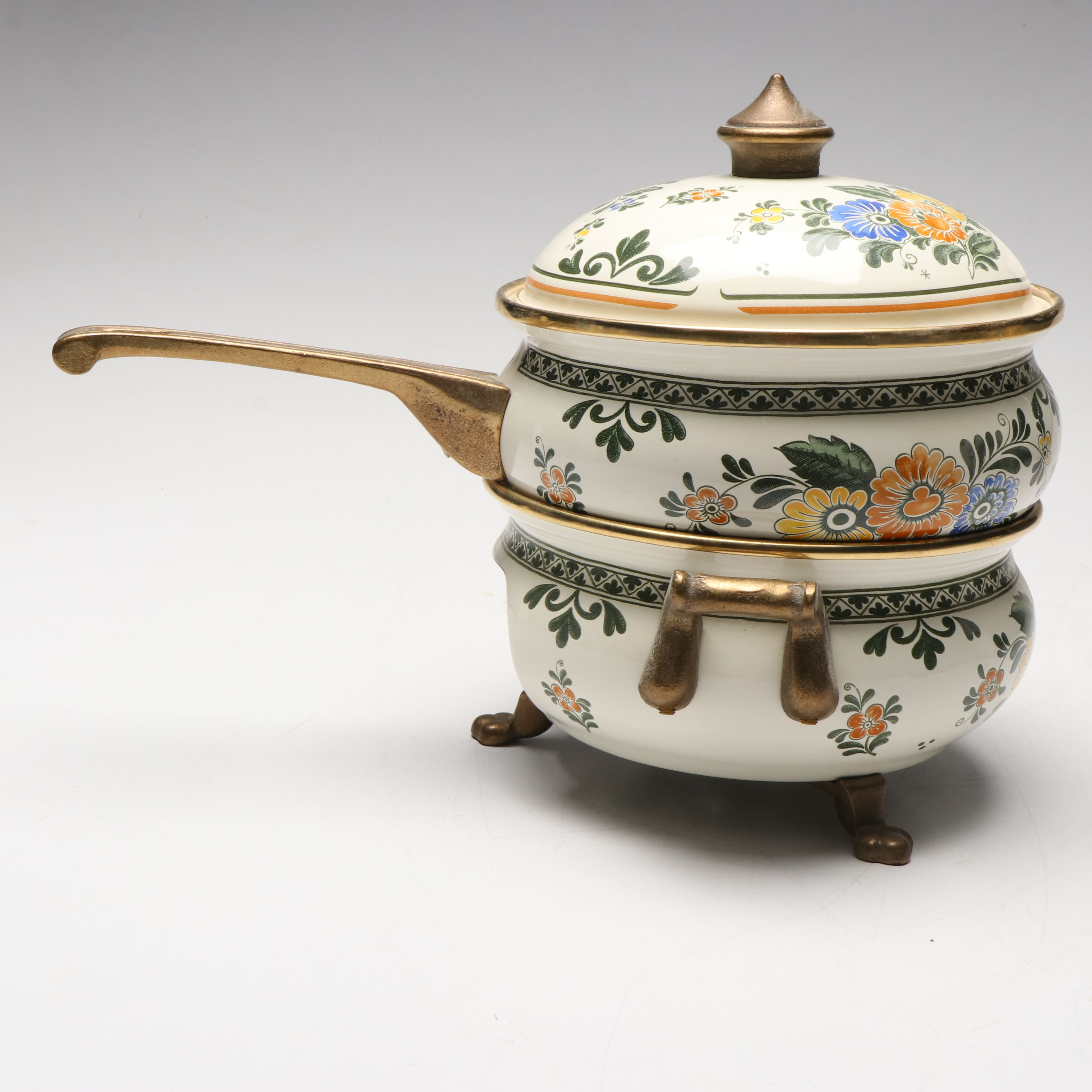 Asta German Floral Enamelware Fondue Pot and Burner, Late 20th Century