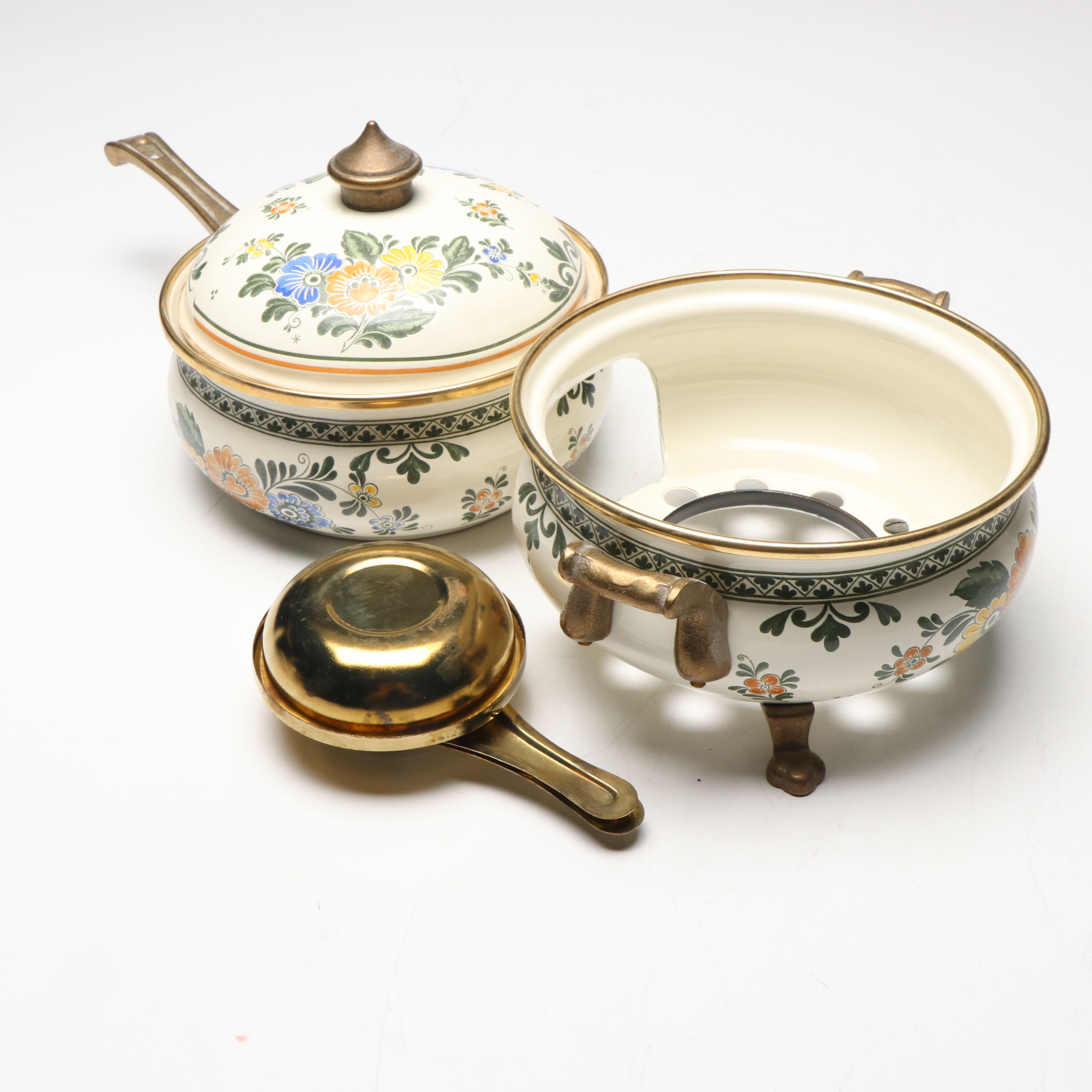 Asta German Floral Enamelware Fondue Pot and Burner, Late 20th Century