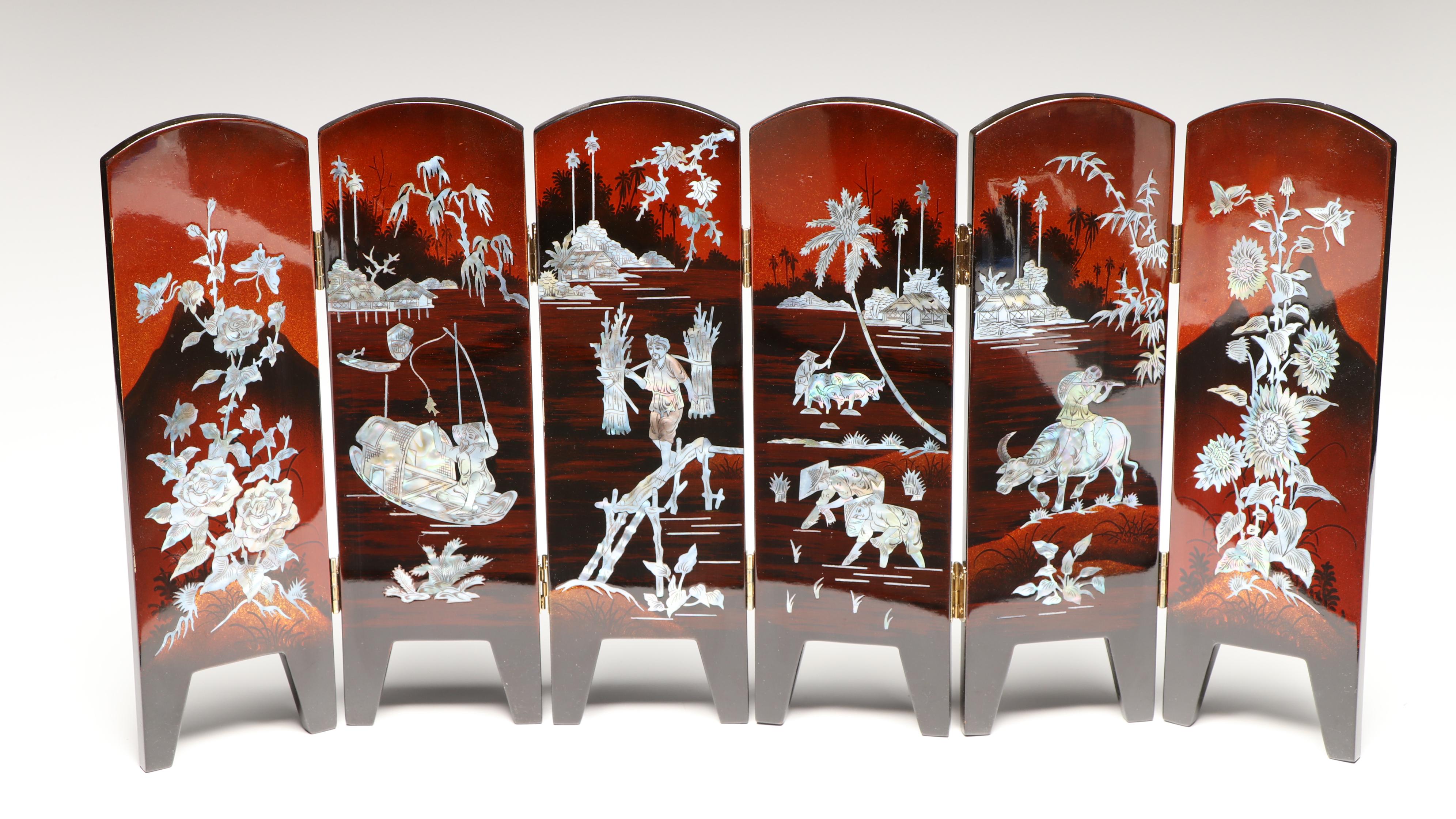 Vietnamese Abalone Inlaid Lacquer Folding Screen with Storage and Jewelry Box