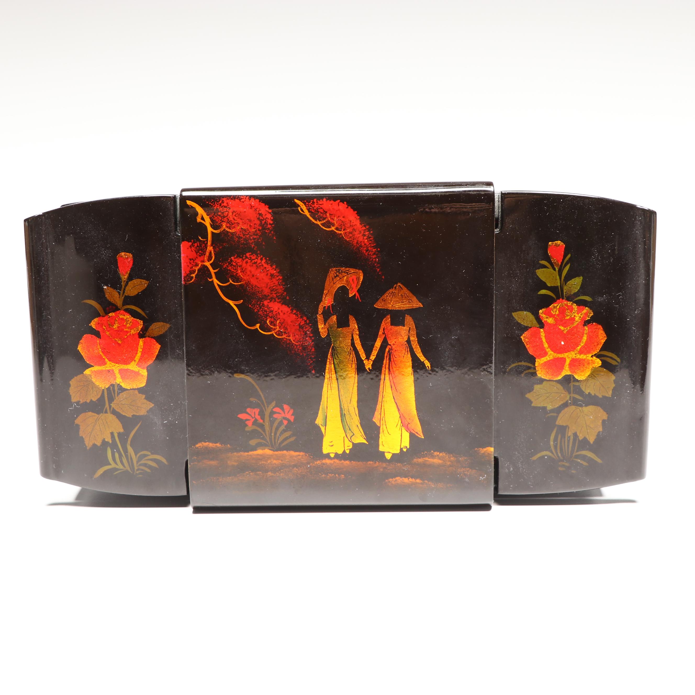 Vietnamese Abalone Inlaid Lacquer Folding Screen with Storage and Jewelry Box