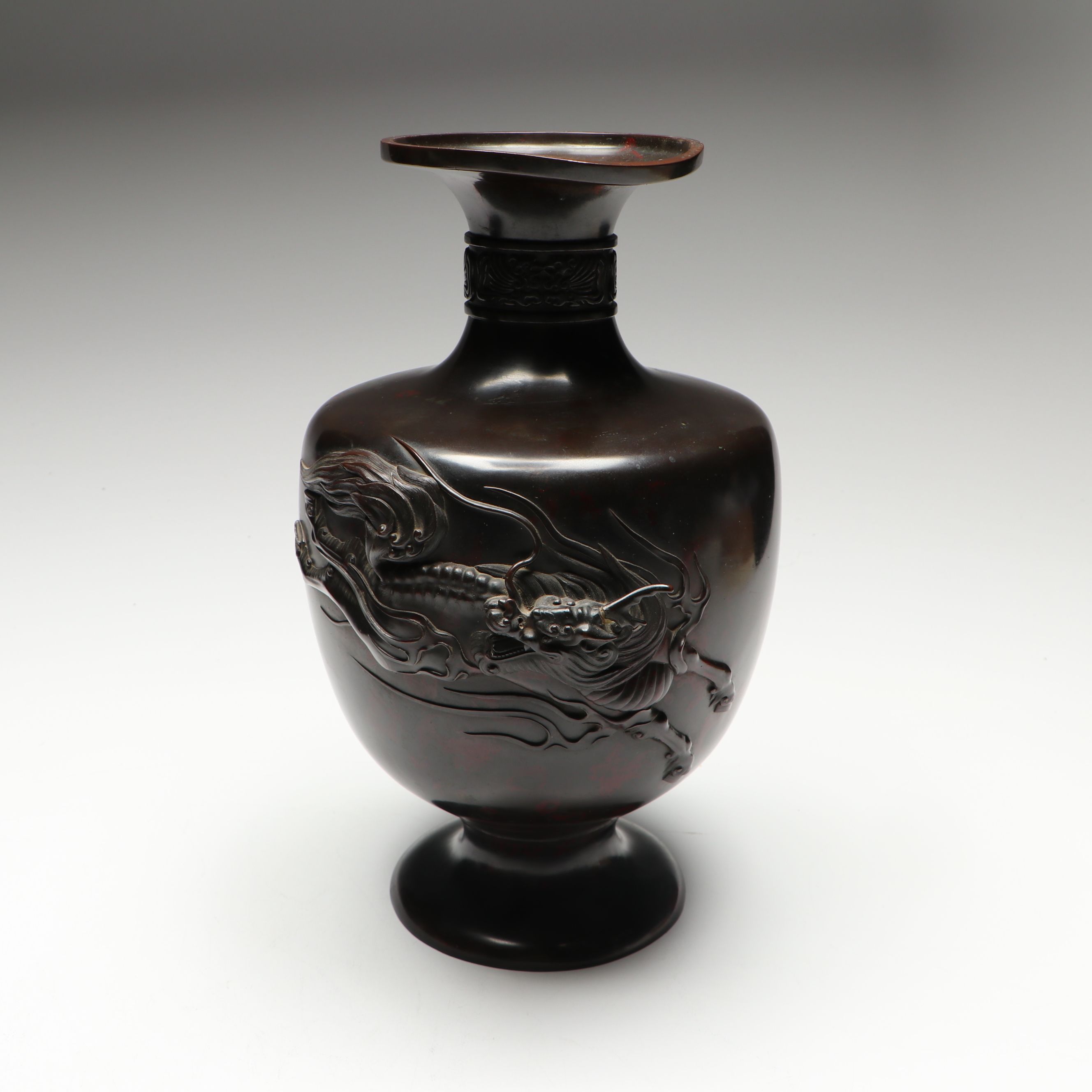 Japanese Meiji Period High-Relief Kirin and Phoenix Bronze Vases