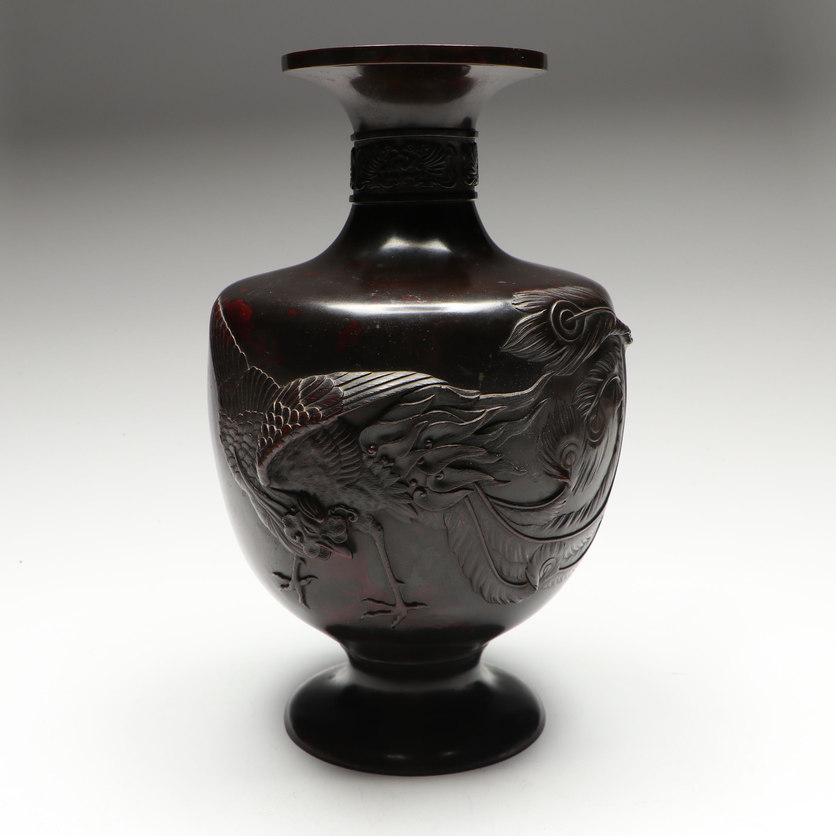 Japanese Meiji Period High-Relief Kirin and Phoenix Bronze Vases