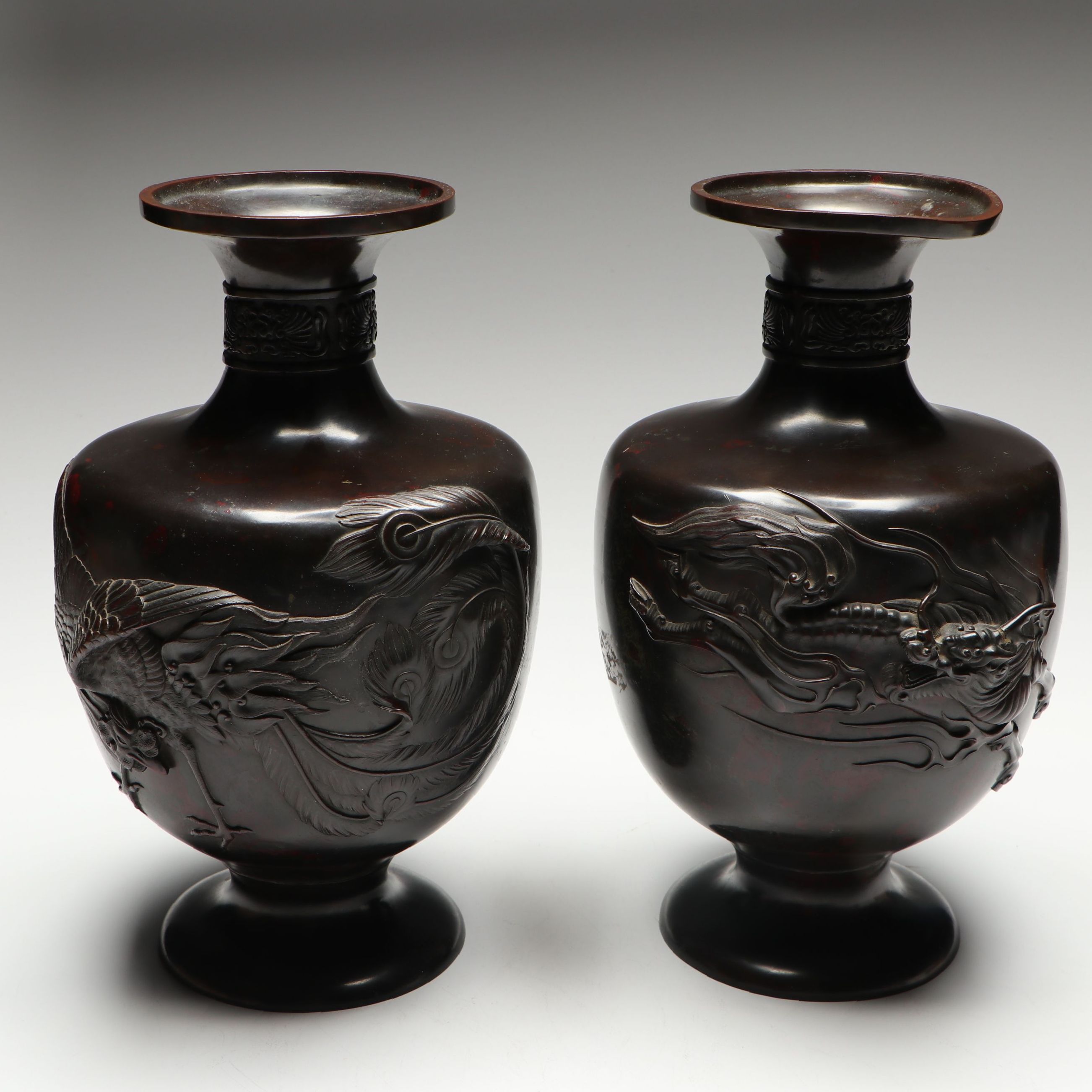 Japanese Meiji Period High-Relief Kirin and Phoenix Bronze Vases