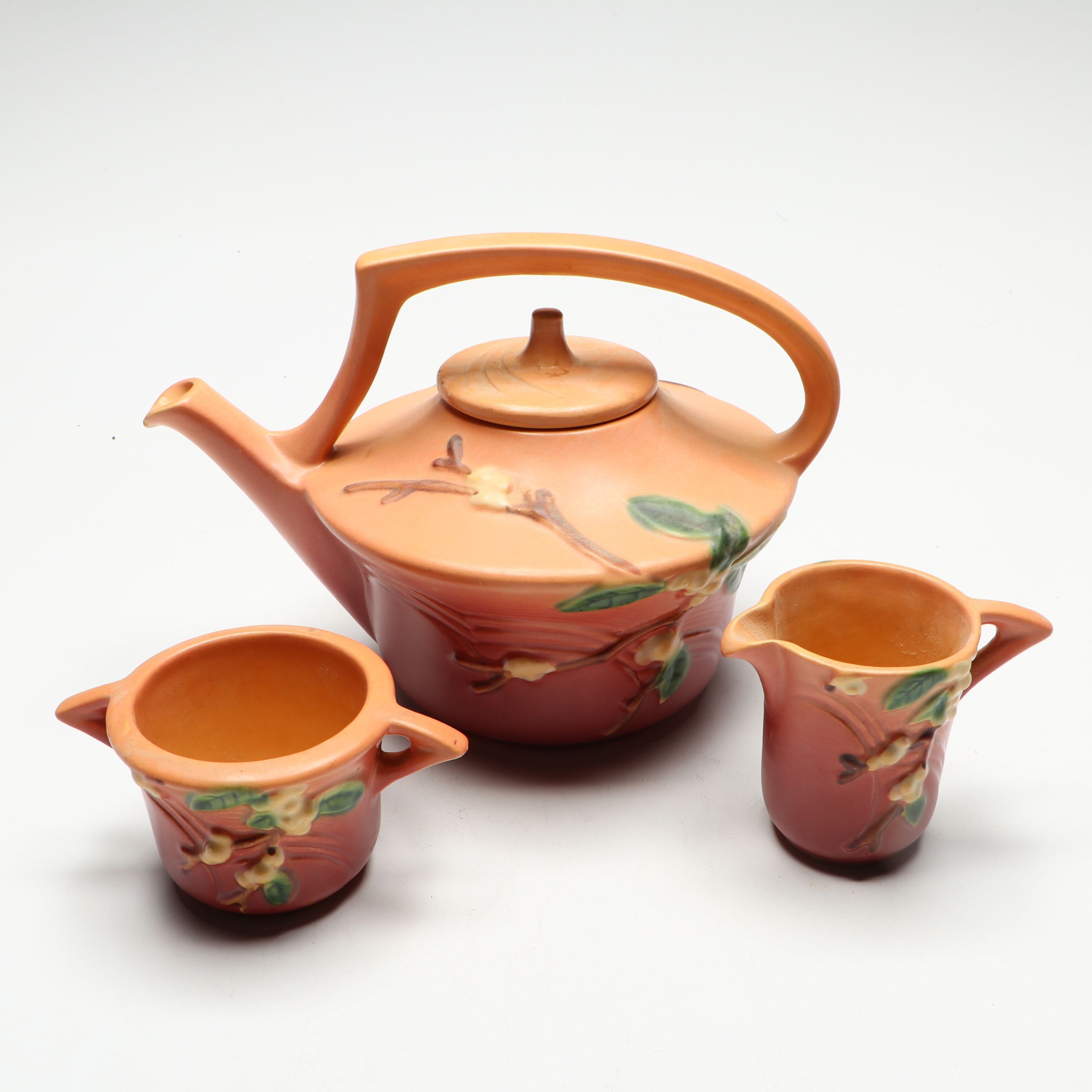 Roseville Pottery "Snowberry" Teapot with Creamer and Sugar