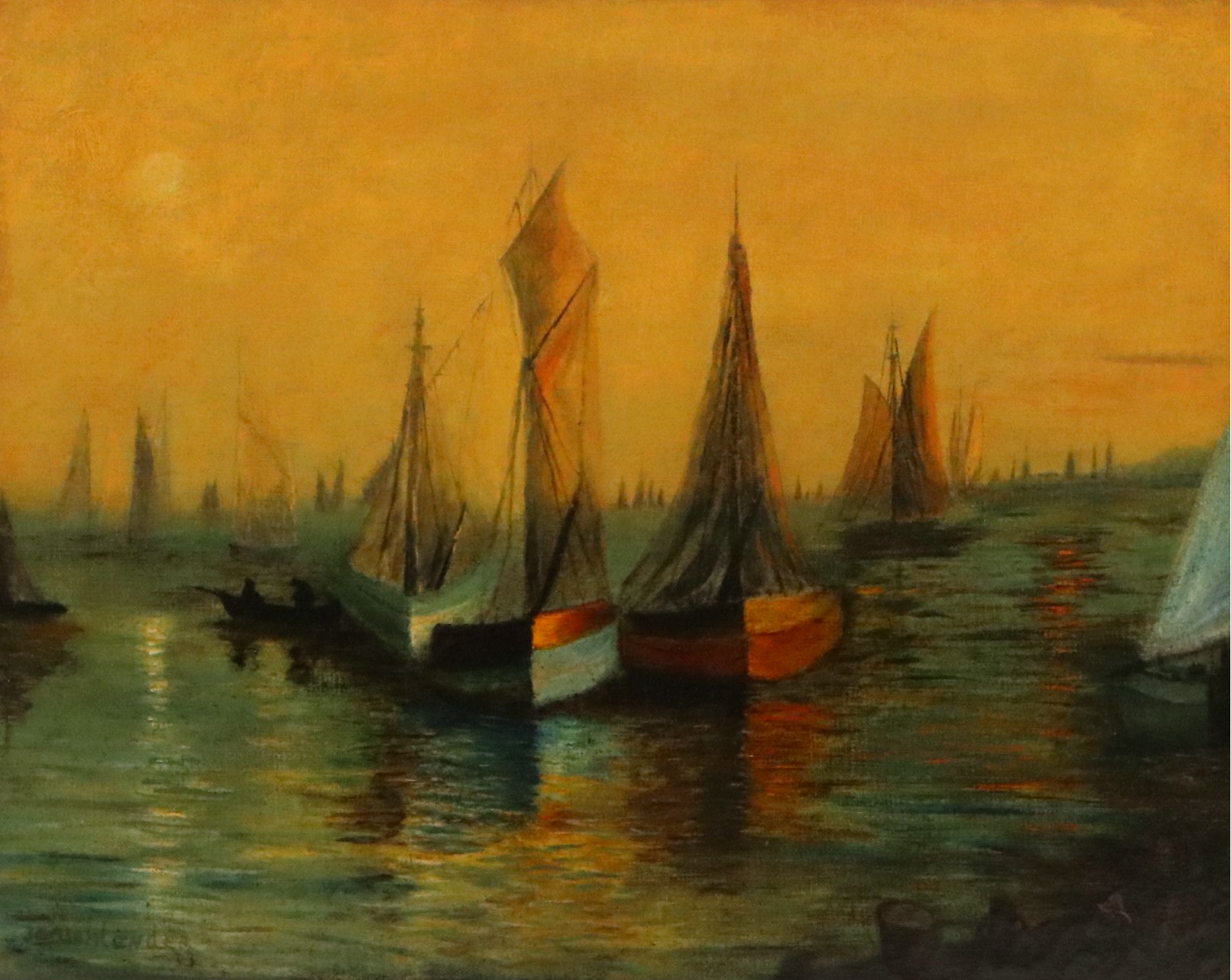 Oil Painting of Harbor Scene with Sailboats, Early 20th Century