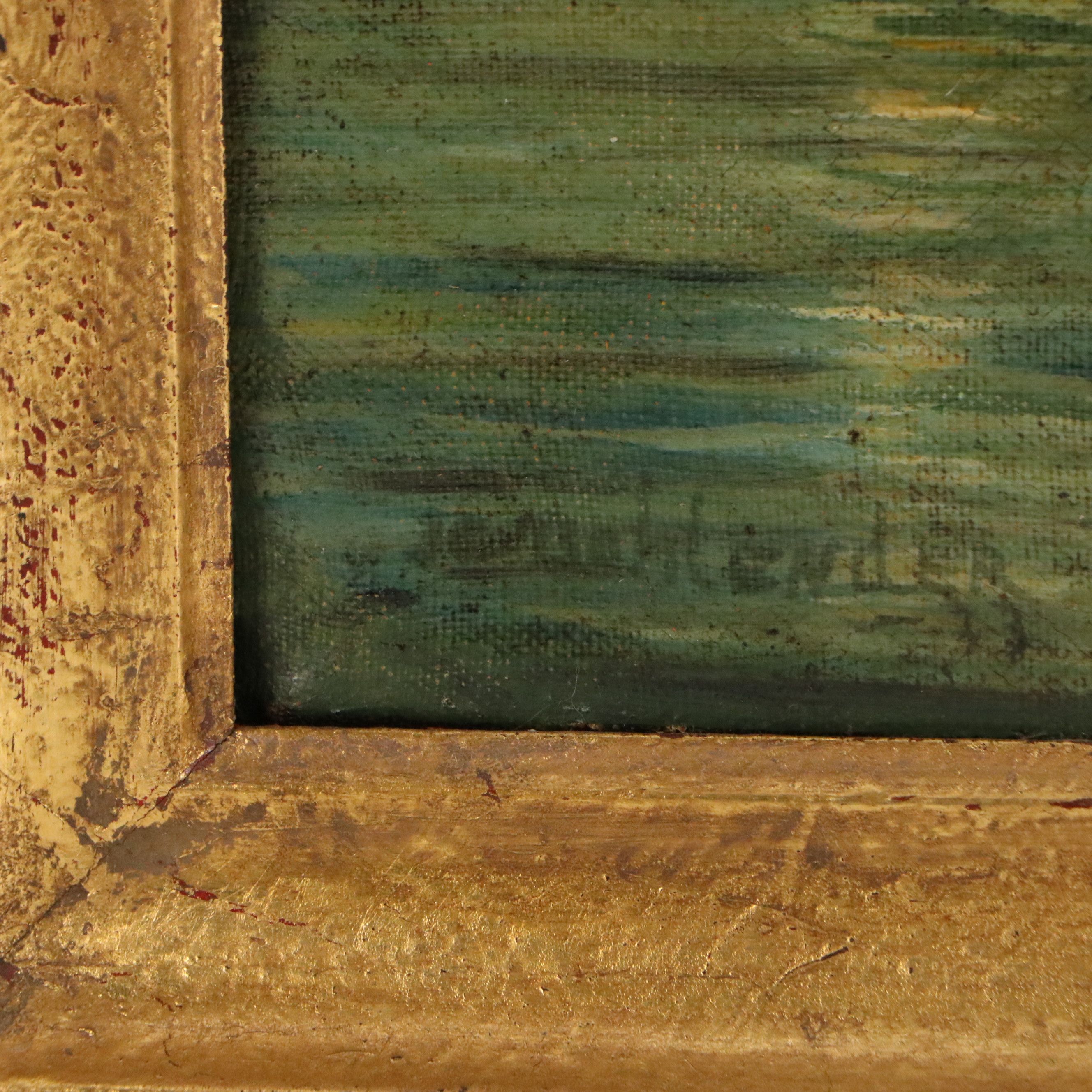 Oil Painting of Harbor Scene with Sailboats, Early 20th Century