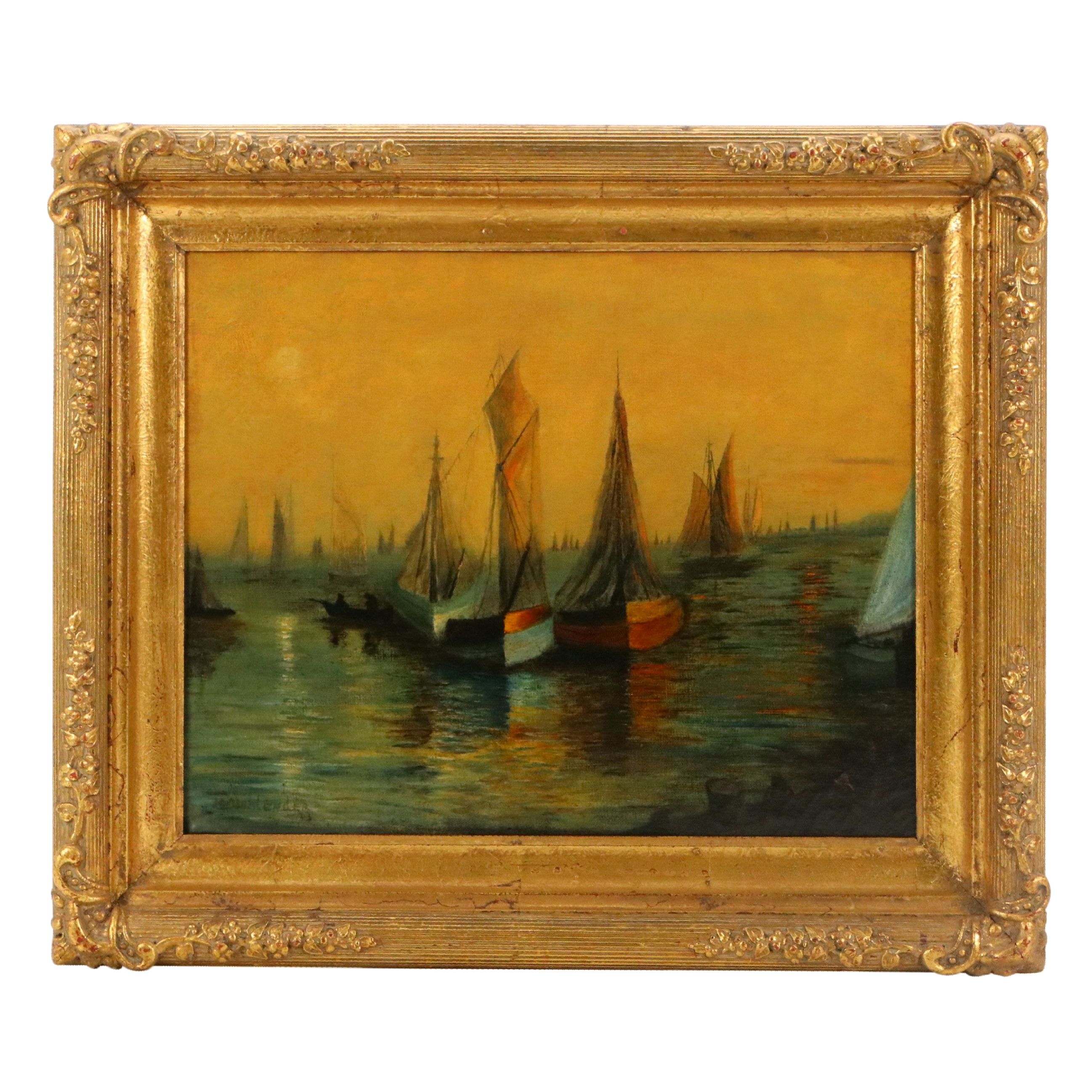 Oil Painting of Harbor Scene with Sailboats, Early 20th Century