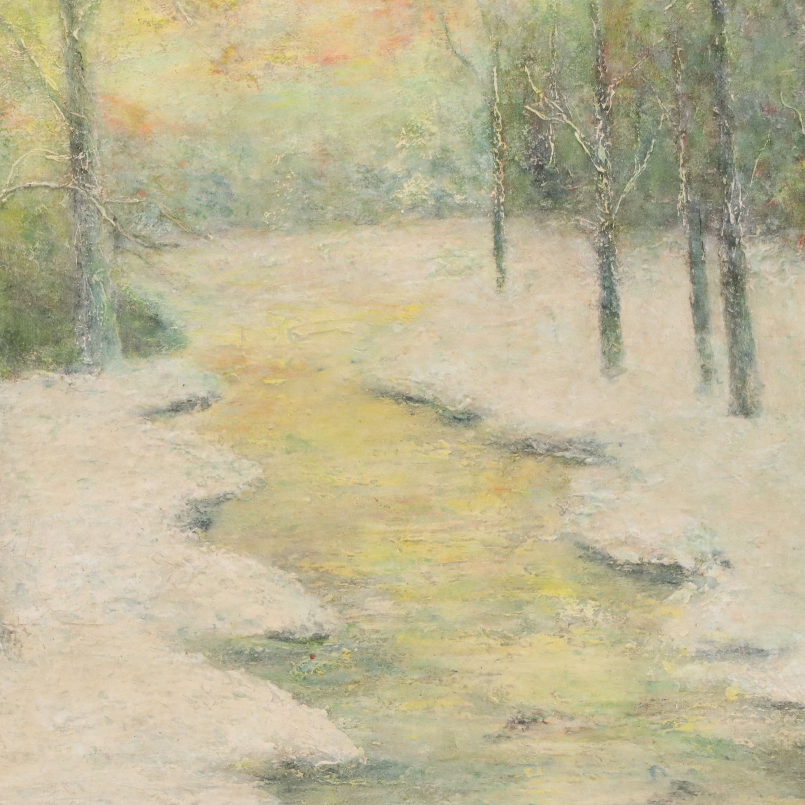 Impressionistic Oil Painting of Snowy Forest with Creek, Late 19th to 20th C.