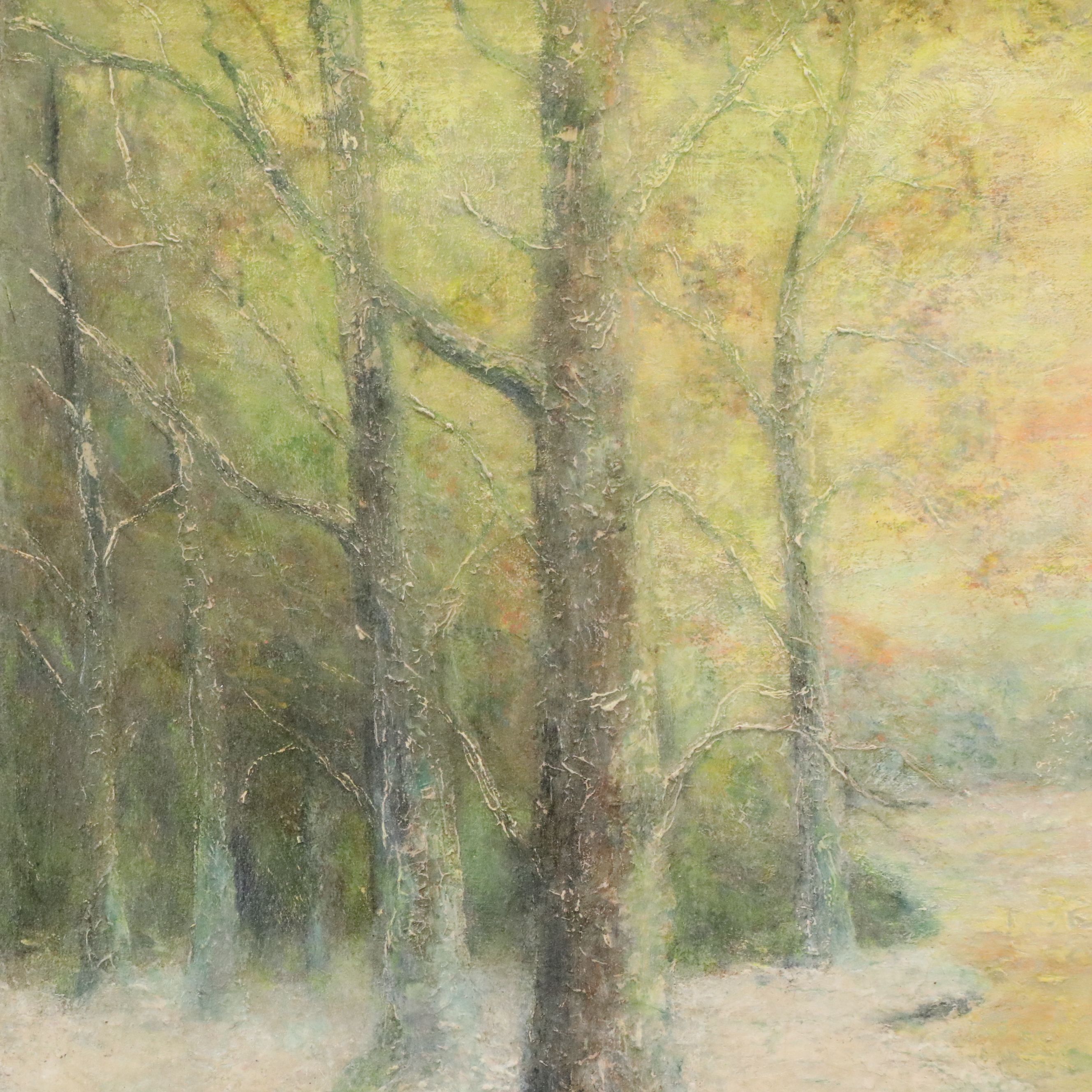 Impressionistic Oil Painting of Snowy Forest with Creek, Late 19th to 20th C.