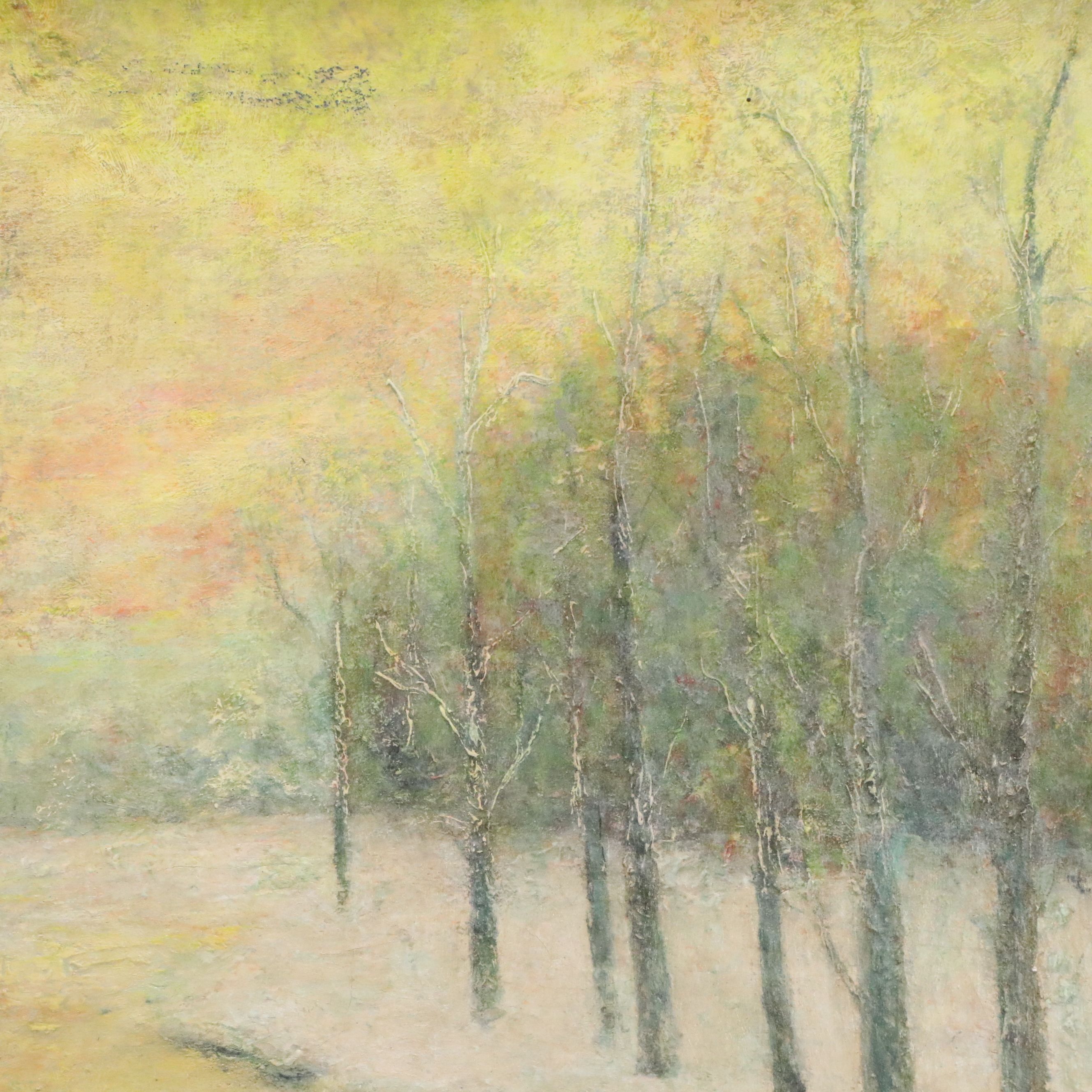 Impressionistic Oil Painting of Snowy Forest with Creek, Late 19th to 20th C.