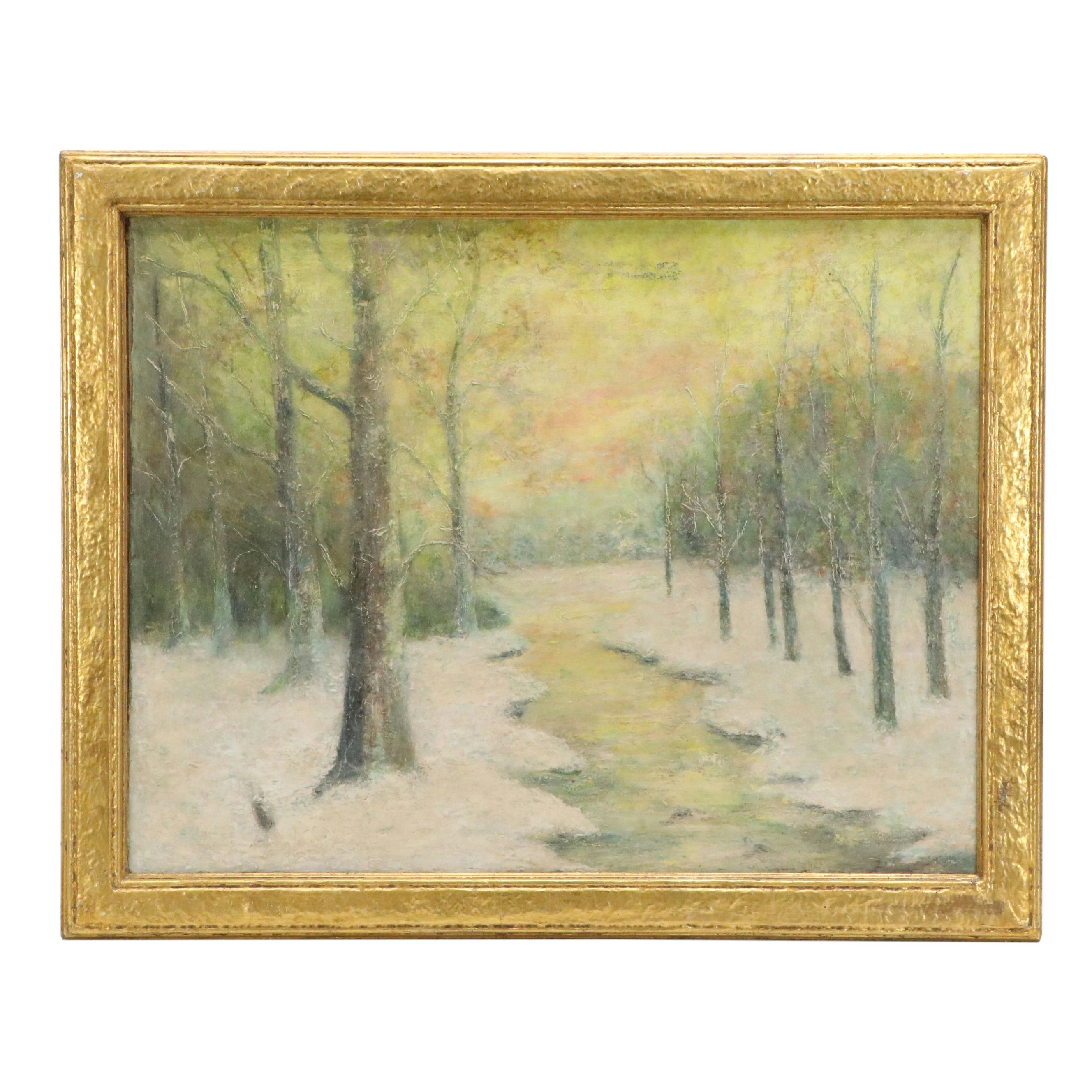 Impressionistic Oil Painting of Snowy Forest with Creek, Late 19th to 20th C.