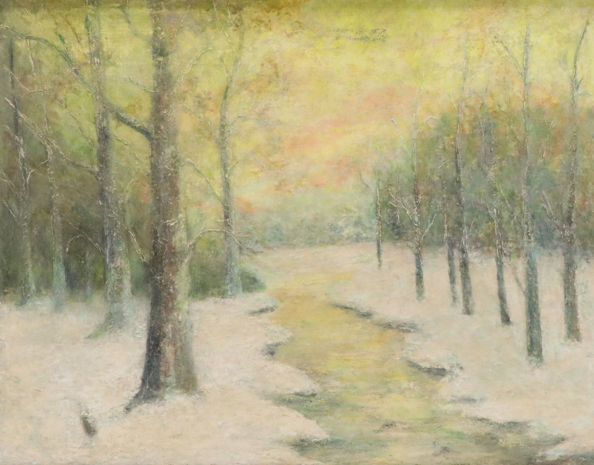 Impressionistic Oil Painting of Snowy Forest with Creek, Late 19th to 20th C.