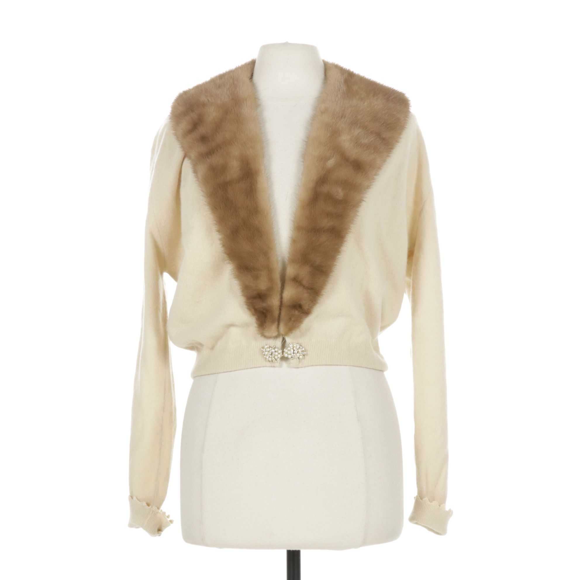 Mink Fur Collar on Ivory Cashmere Cardigan with Extra Mink Fur Collar
